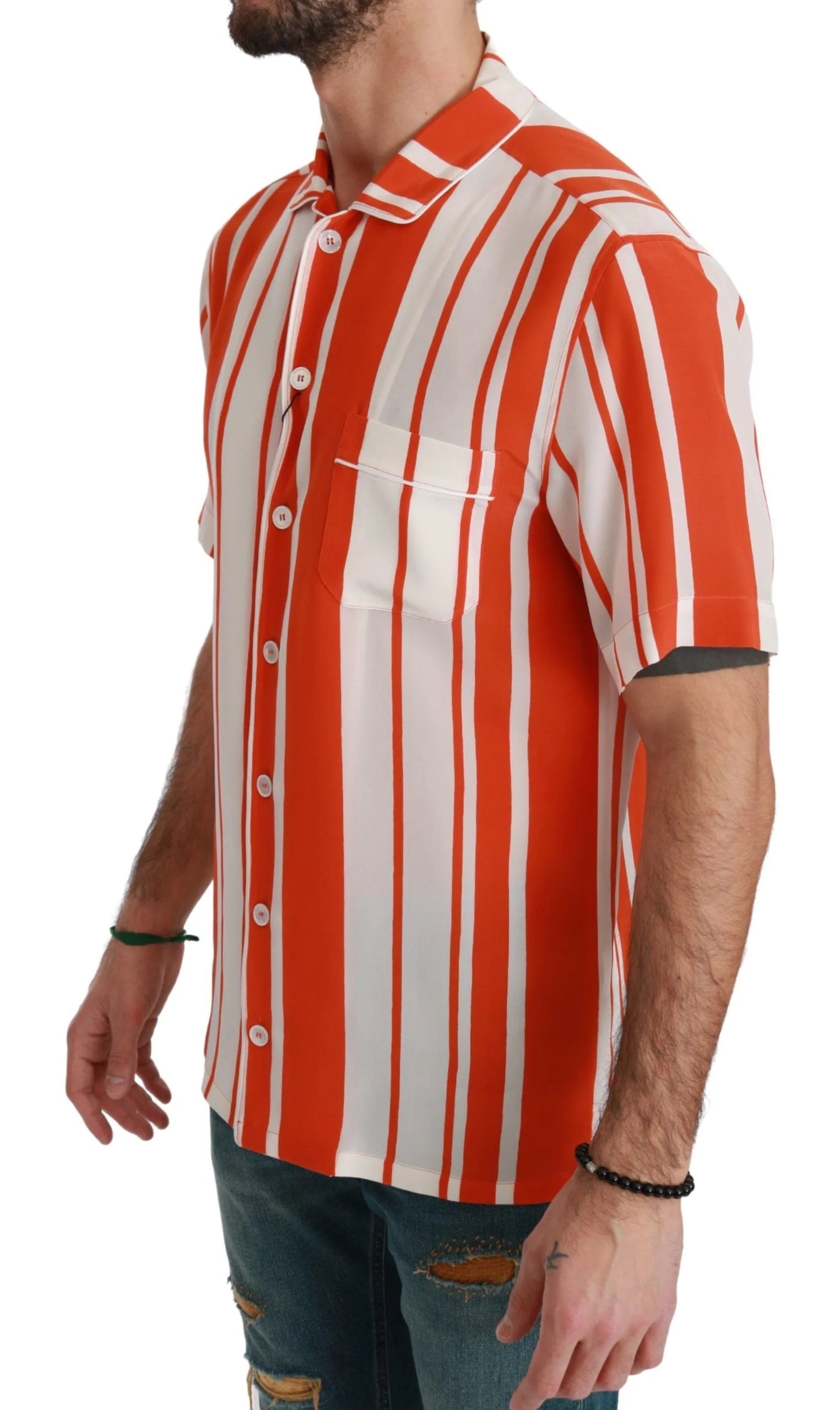 Dolce & Gabbana Orange Silk Striped Short Sleeve White Shirt - IT38 | XS - Shirts