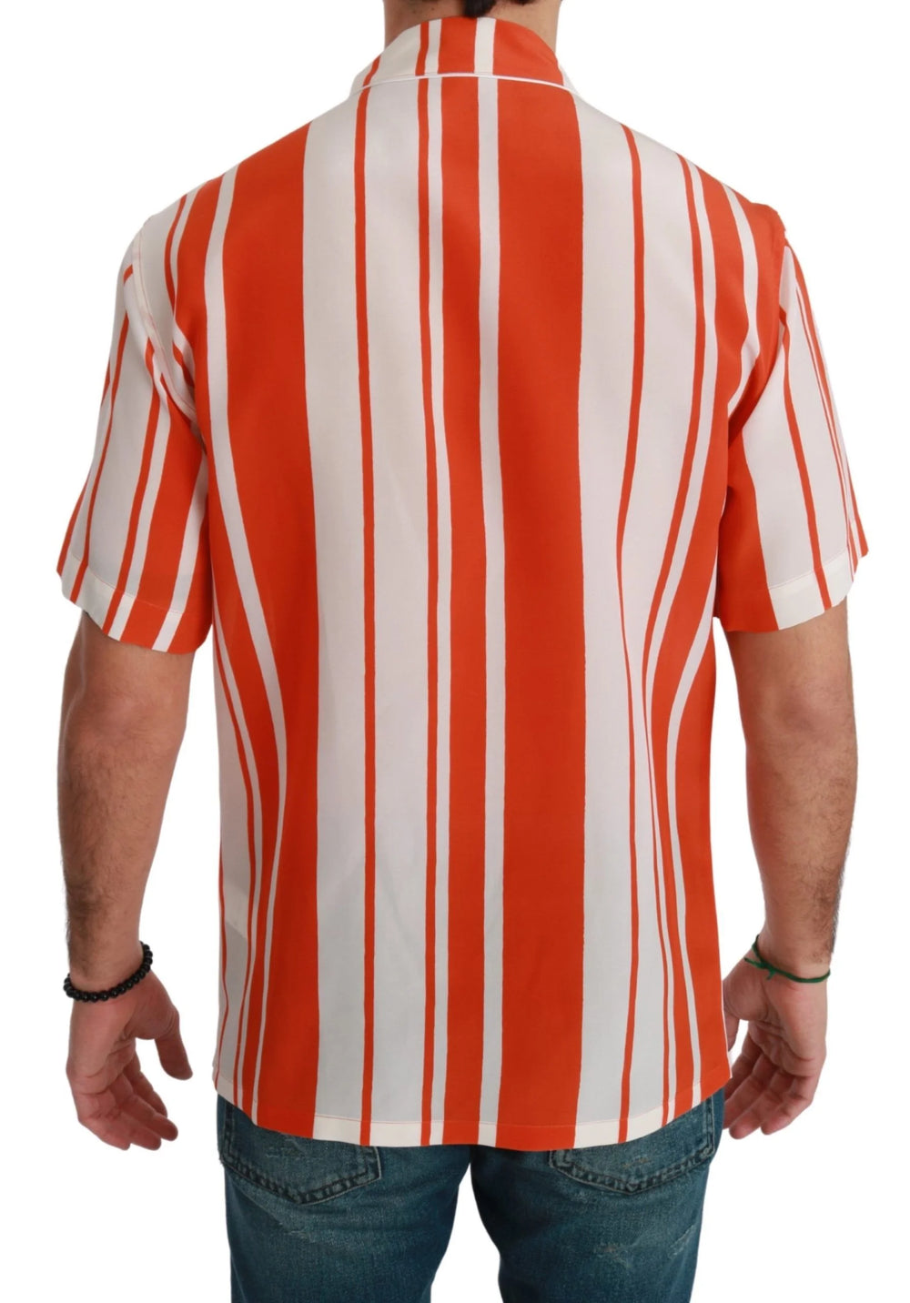 Dolce & Gabbana Orange Silk Striped Short Sleeve White Shirt - IT38 | XS - Shirts