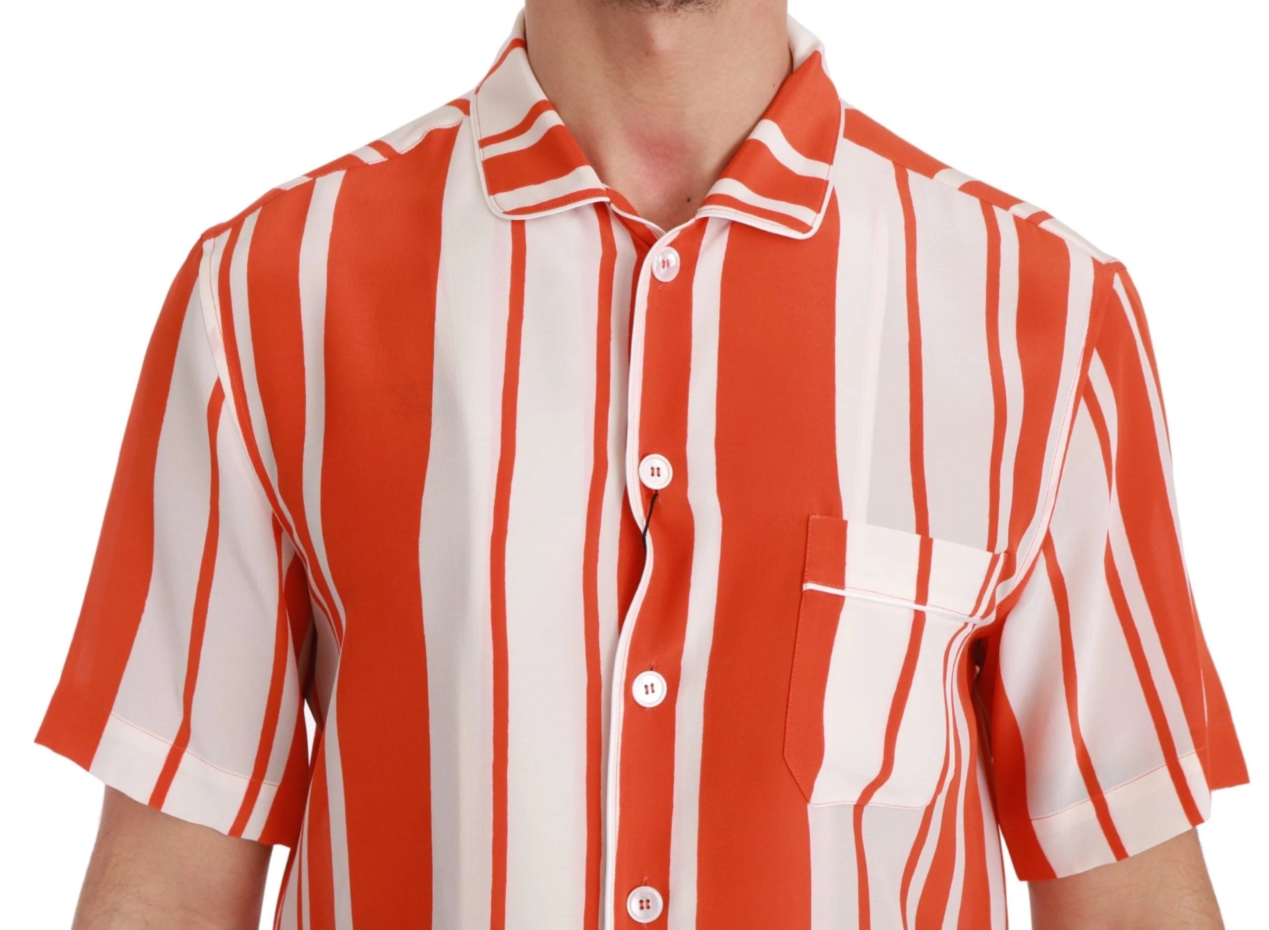 Dolce & Gabbana Orange Silk Striped Short Sleeve White Shirt - IT38 | XS - Shirts