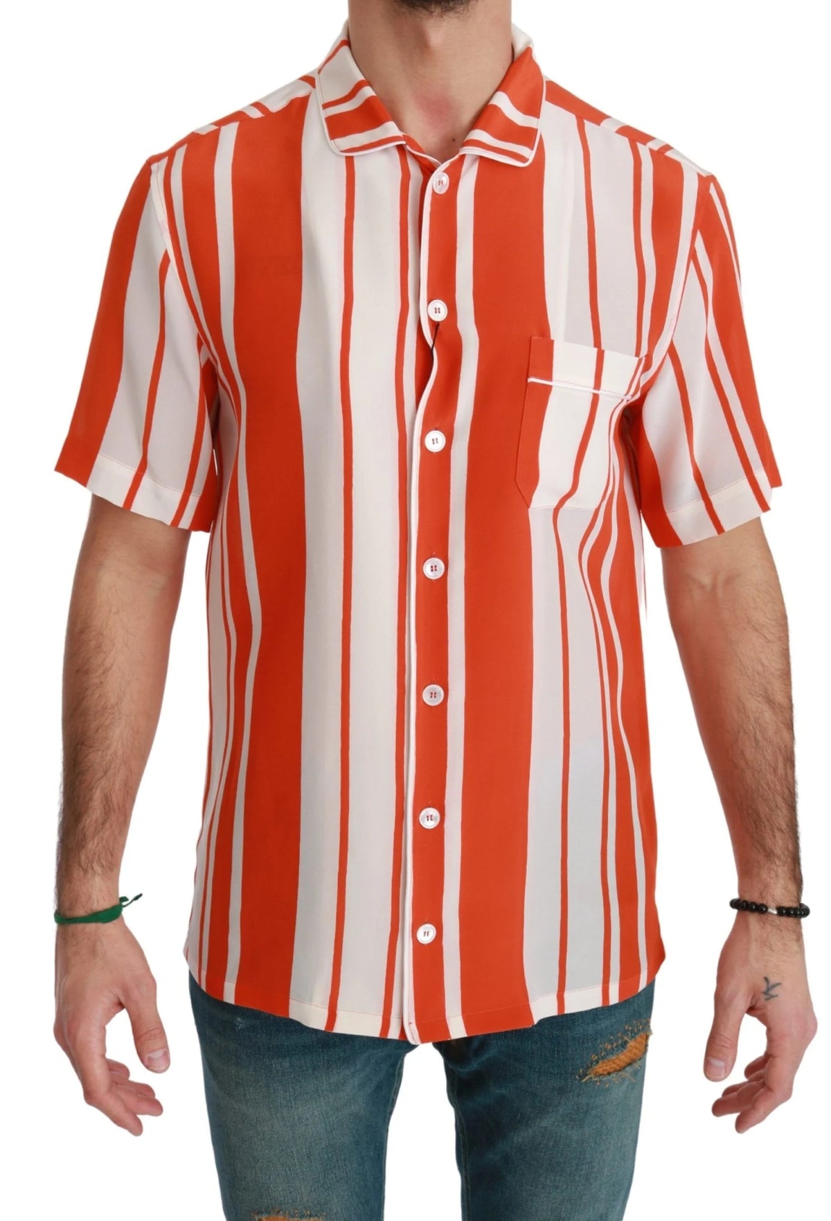 Dolce & Gabbana Orange Silk Striped Short Sleeve White Shirt - IT38 | XS - Shirts