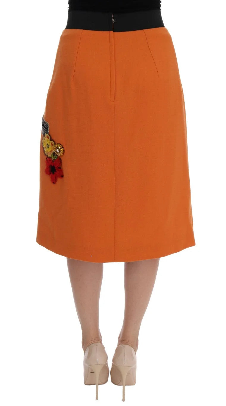 Dolce & Gabbana Orange Wool Crystal Sequin Appliques Skirt - Skirts