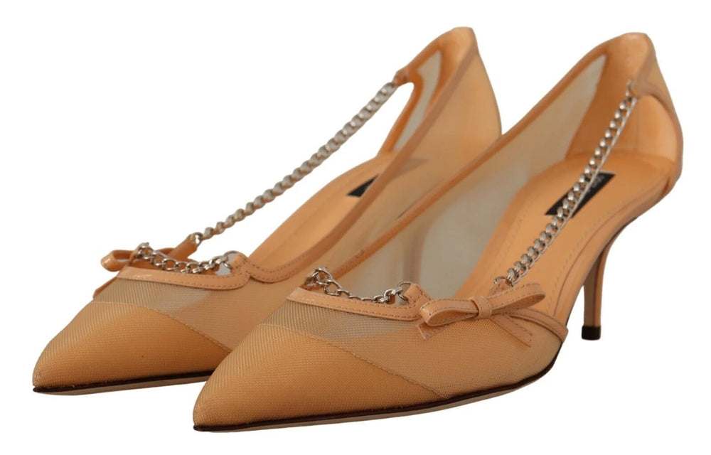 Dolce & Gabbana Peach Mesh Leather Chains Heels Pumps Shoes - EU39/US8.5