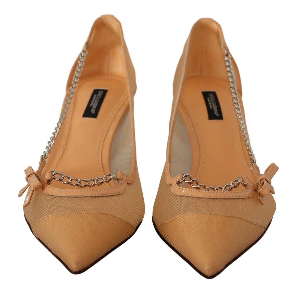 Dolce & Gabbana Peach Mesh Leather Chains Heels Pumps Shoes - EU39/US8.5 - Heels