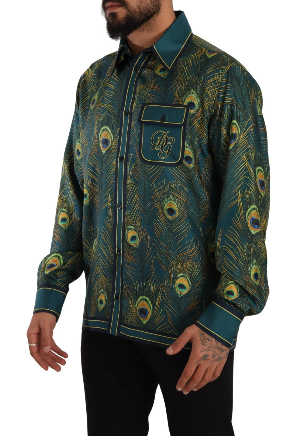 Dolce & Gabbana Peacock Feather Print Silk Pajama Mens Shirt - IT40 | M - Shirts