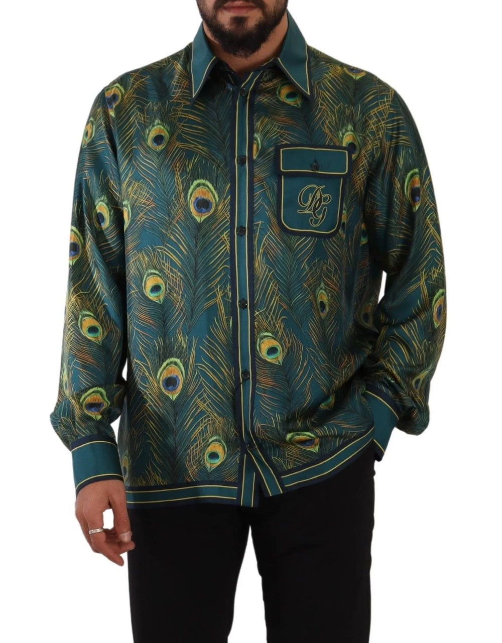 Dolce & Gabbana Peacock Feather Print Silk Pajama Mens Shirt - IT40 | M - Shirts