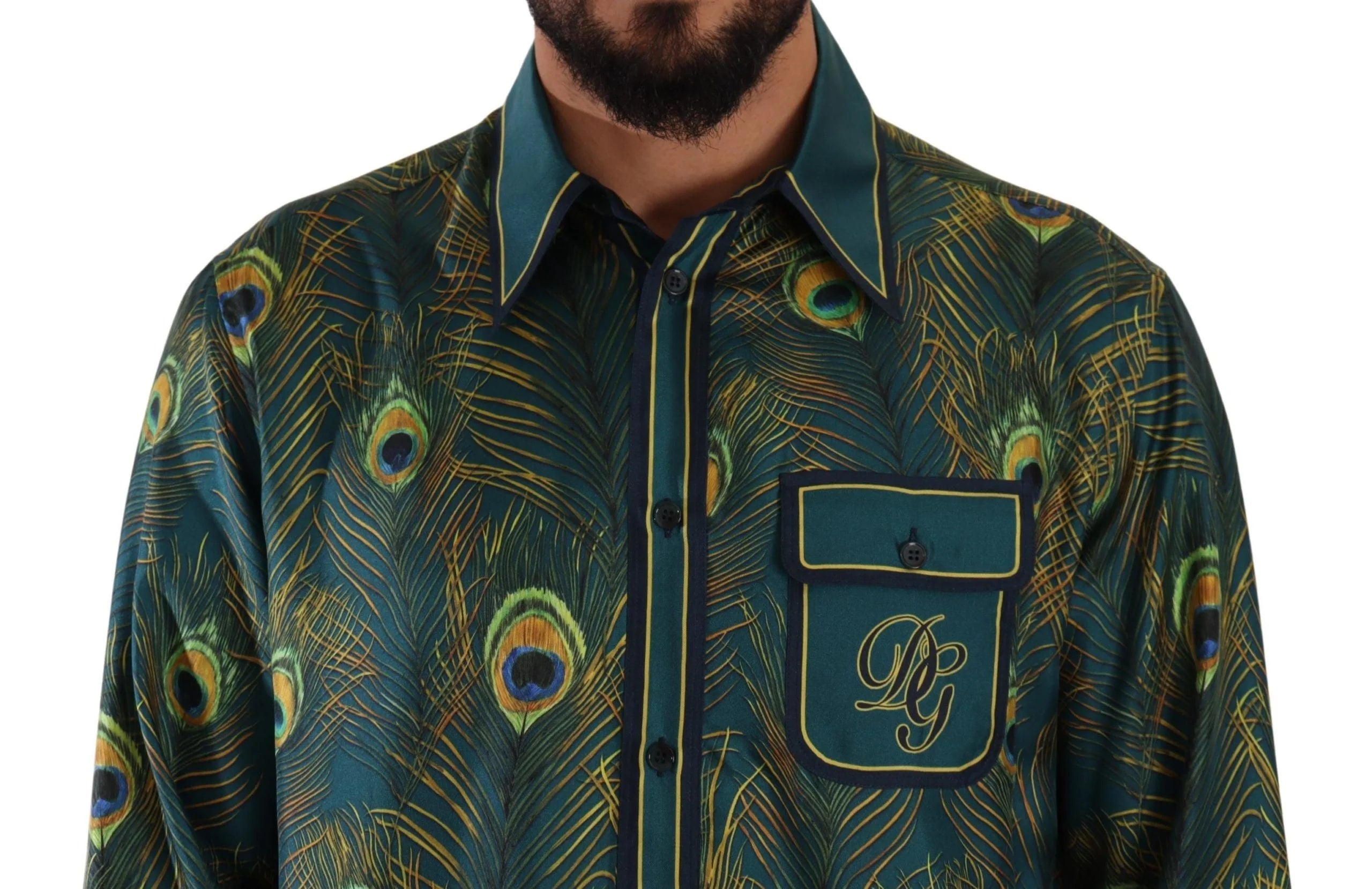 Dolce & Gabbana Peacock Feather Print Silk Pajama Mens Shirt - IT40 | M - Shirts