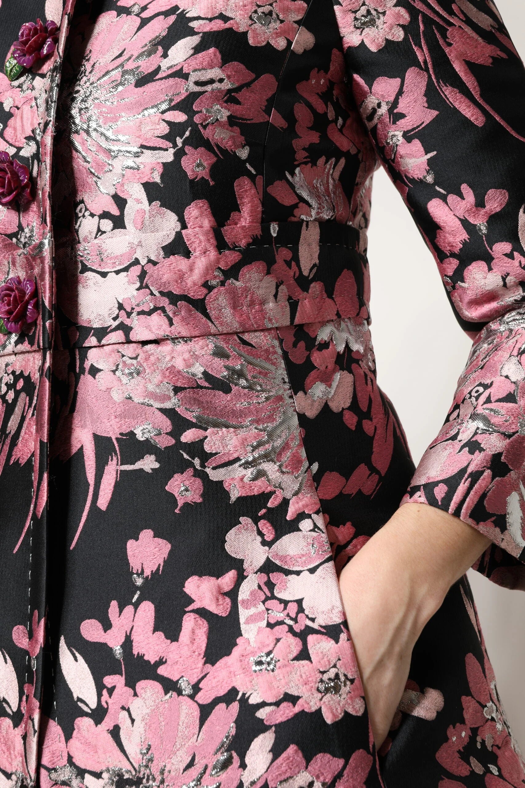 Dolce & Gabbana Pink Black Floral Brocade Trenchcoat Jacket - Trench Coats