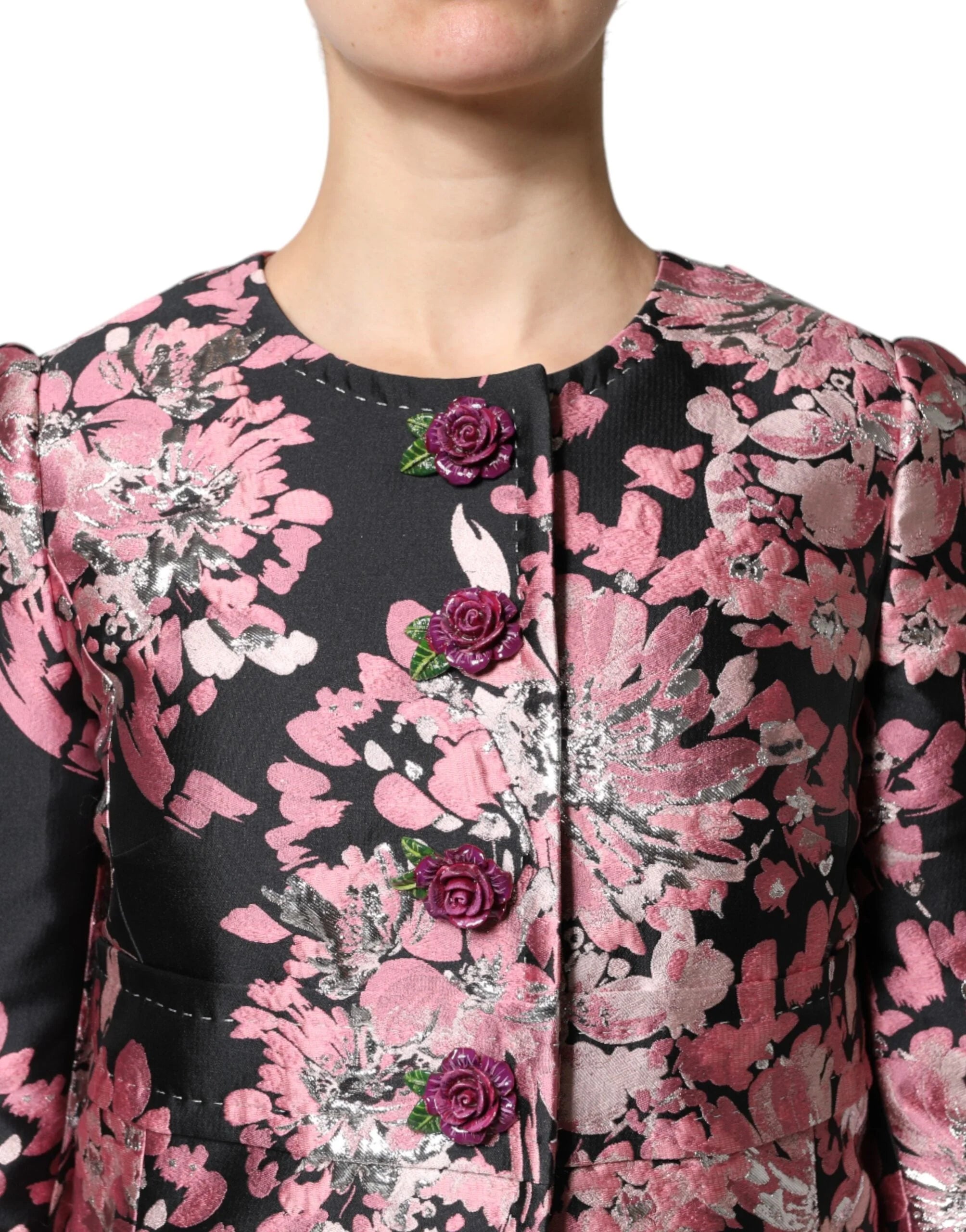 Dolce & Gabbana Pink Black Floral Brocade Trenchcoat Jacket - Trench Coats