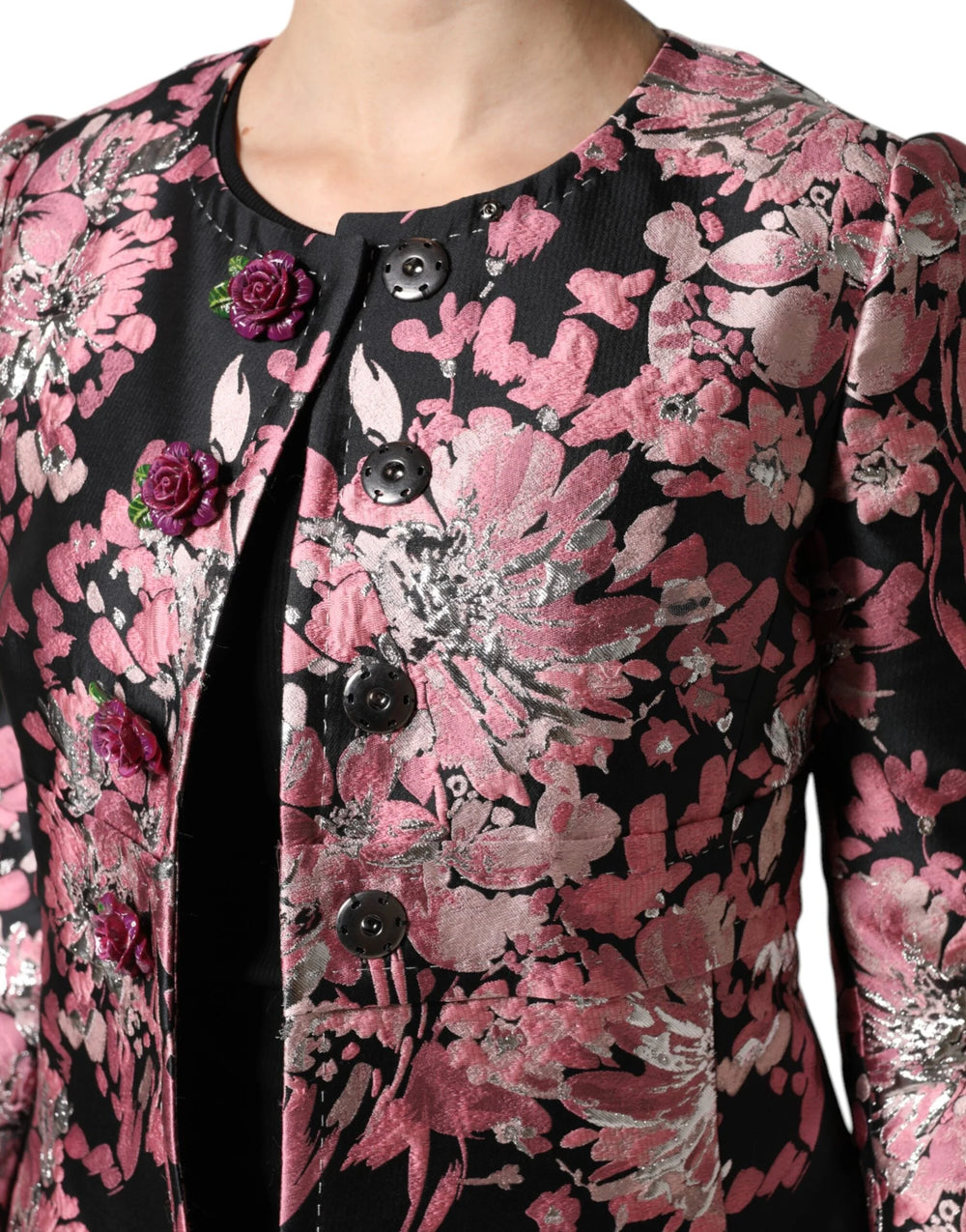 Dolce & Gabbana Pink Black Floral Brocade Trenchcoat Jacket - Trench Coats