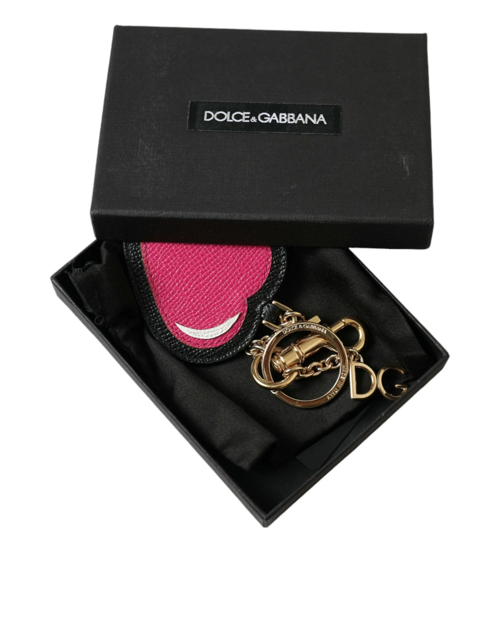 Dolce & Gabbana Pink Black Heart Leather Gold Tone Brass Keyring Keychain - Keychains