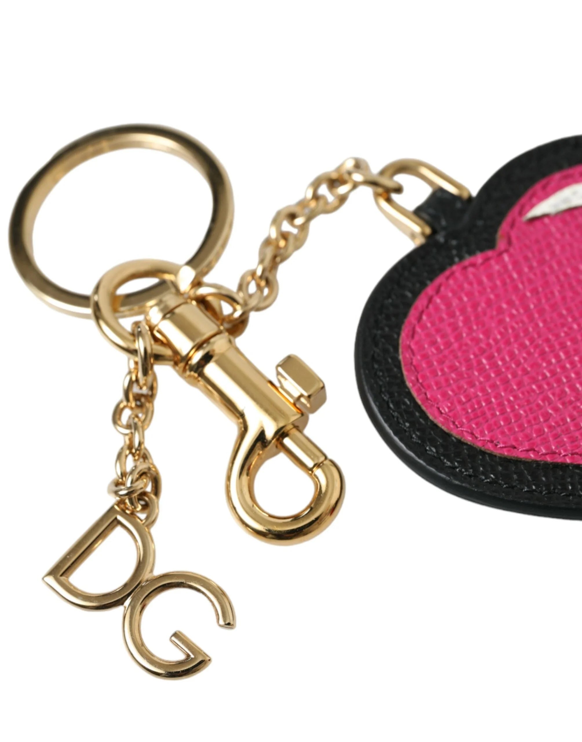 Dolce & Gabbana Pink Black Heart Leather Gold Tone Brass Keyring Keychain - Keychains