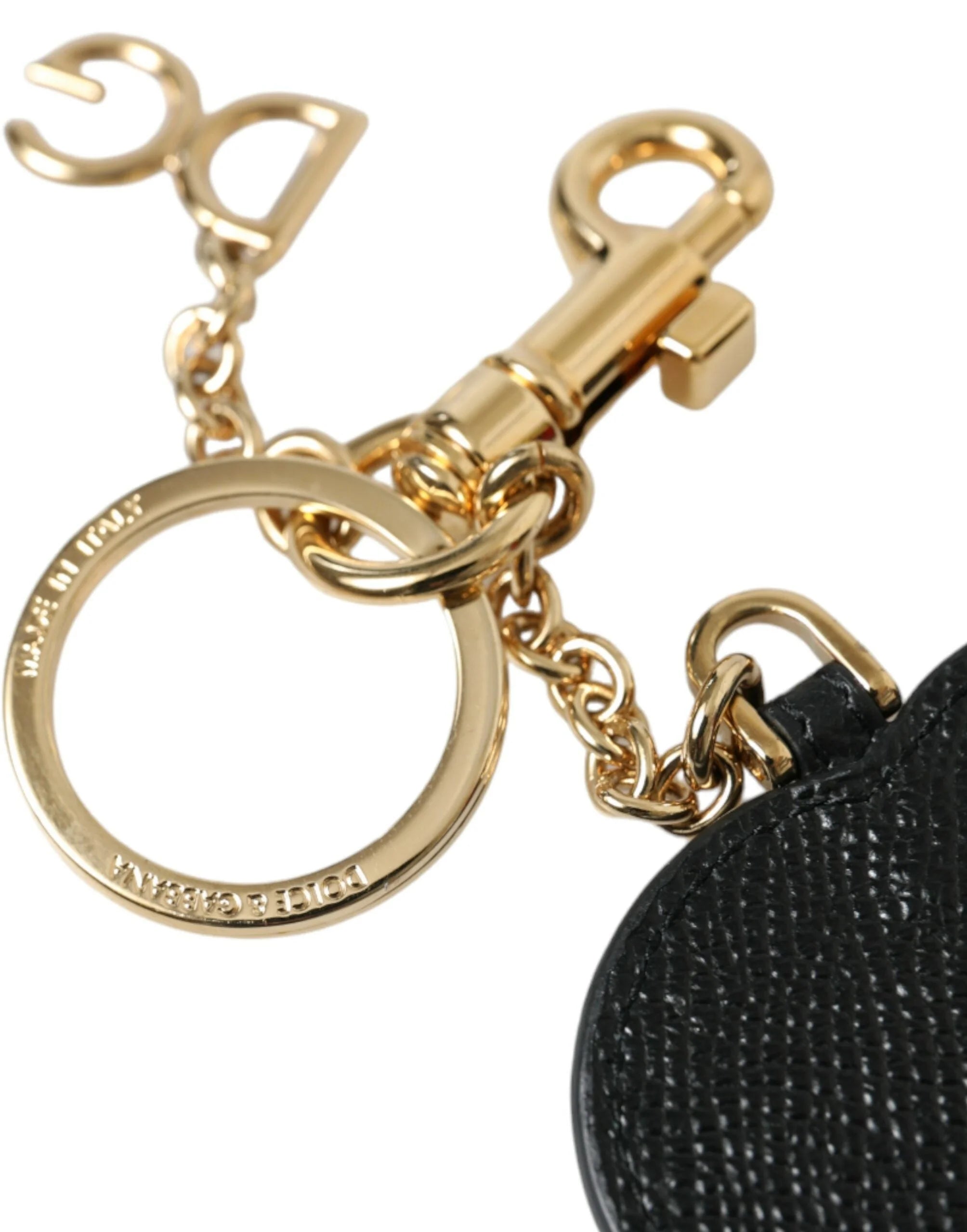 Dolce & Gabbana Pink Black Heart Leather Gold Tone Brass Keyring Keychain - Keychains