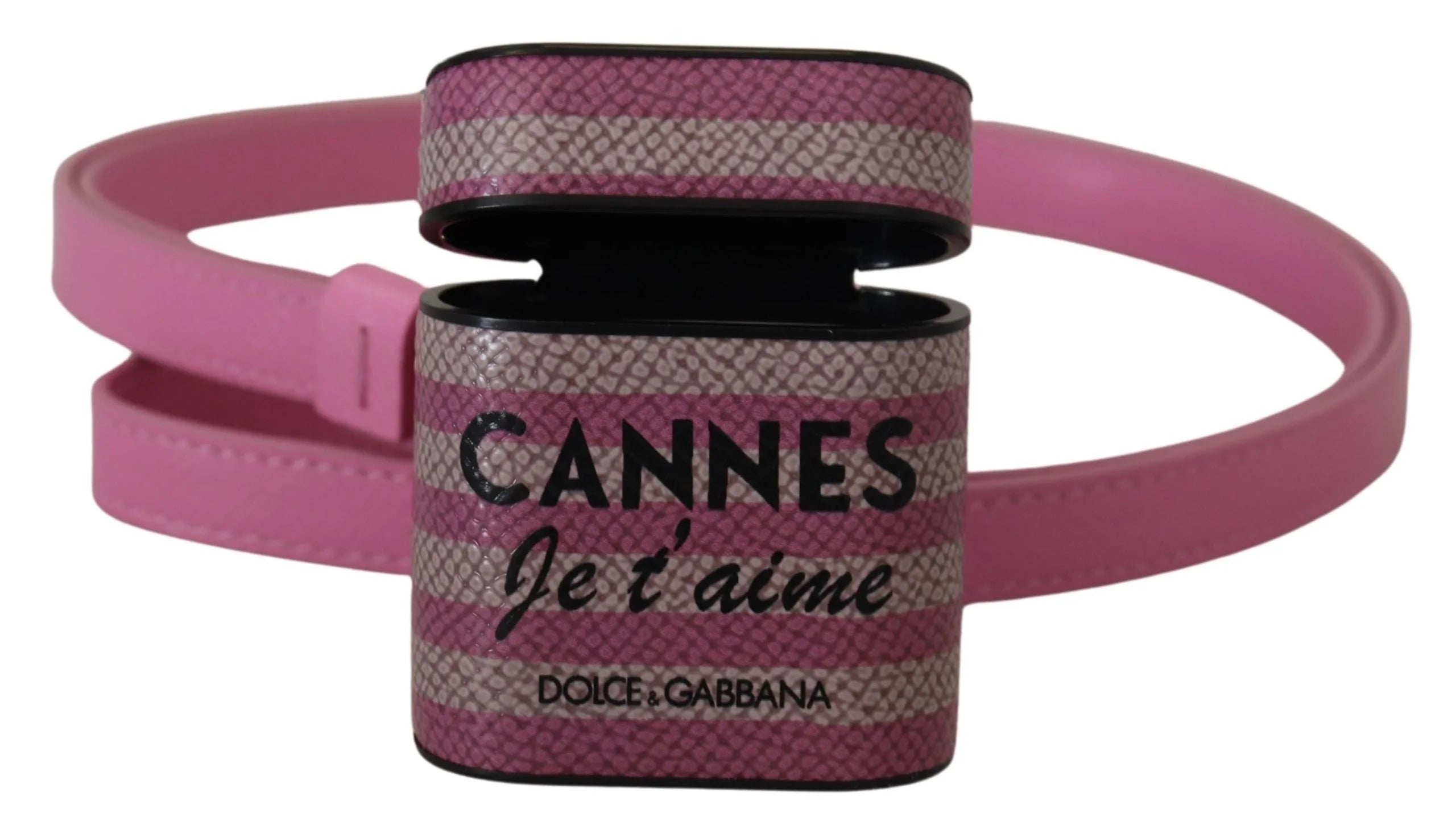 Dolce & Gabbana Pink Black Leather Strap Gold Metal Logo Airpods Case - Headphone Carrying Cases