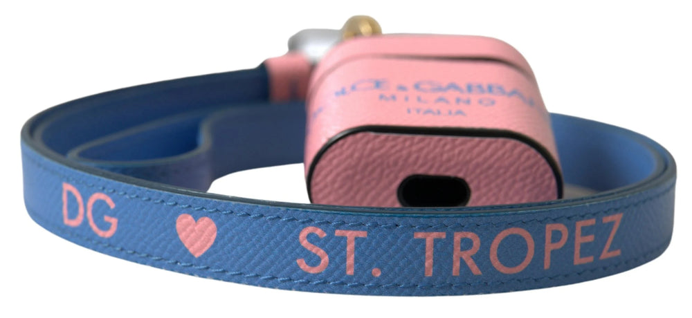Dolce & Gabbana Pink Blue Calf Leather Logo Print Strap Airpods Case - Headphone Carrying Cases