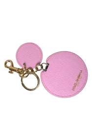 Dolce & Gabbana Pink Calf Leather Gold Metal Logo Print Keyring Keychain - Keychains