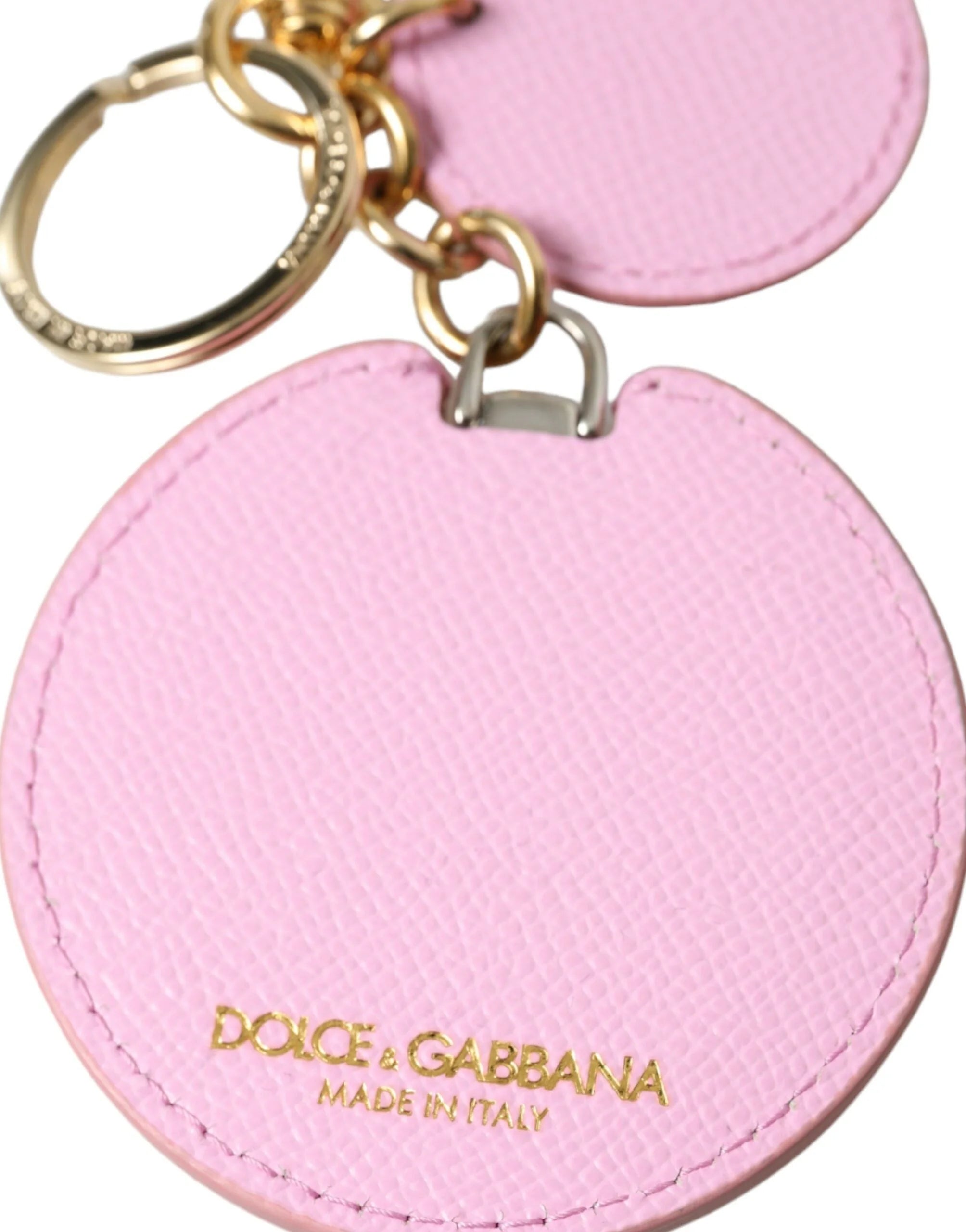 Dolce & Gabbana Pink Calf Leather Gold Metal Logo Print Keyring Keychain - Keychains