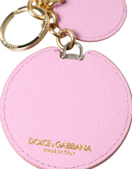 Dolce & Gabbana Pink Calf Leather Gold Metal Logo Print Keyring Keychain - Keychains