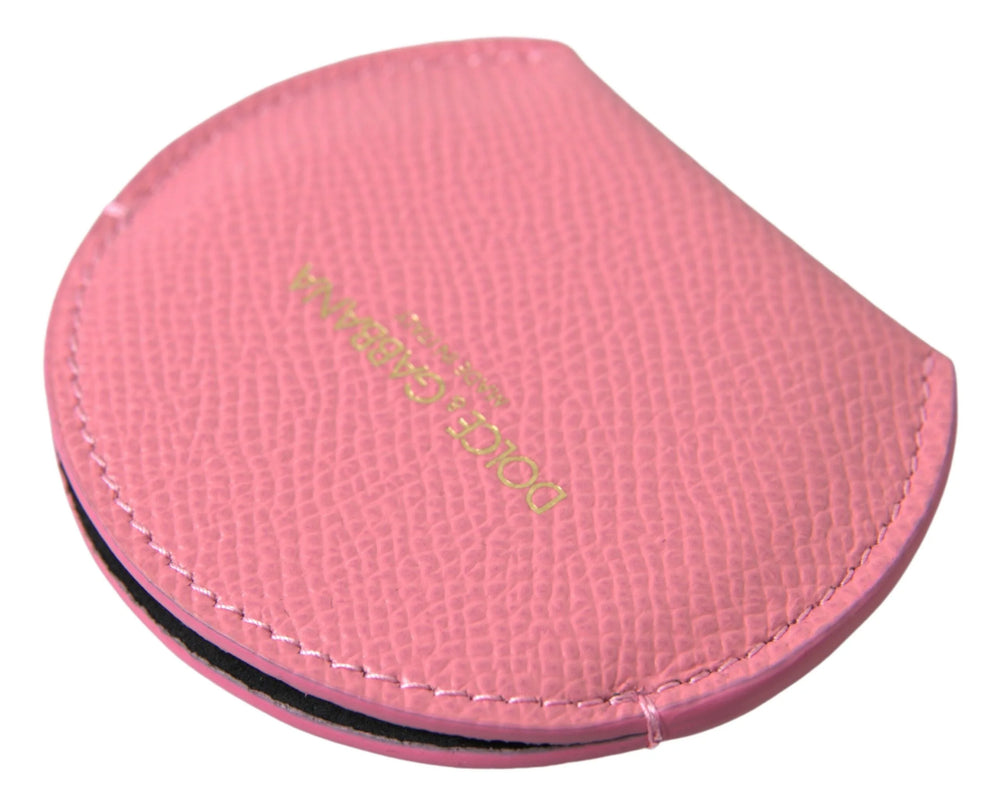 Dolce & Gabbana Pink Calfskin Leather Round Logo Print Hand Mirror Holder - Face Mirrors
