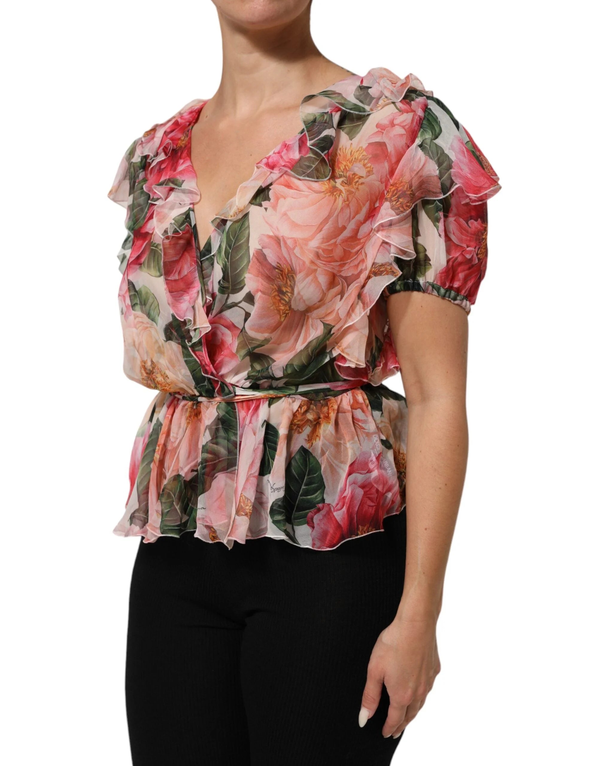 Dolce & Gabbana Pink Camellias Printed Silk V-neck Blouse Top - Blouses