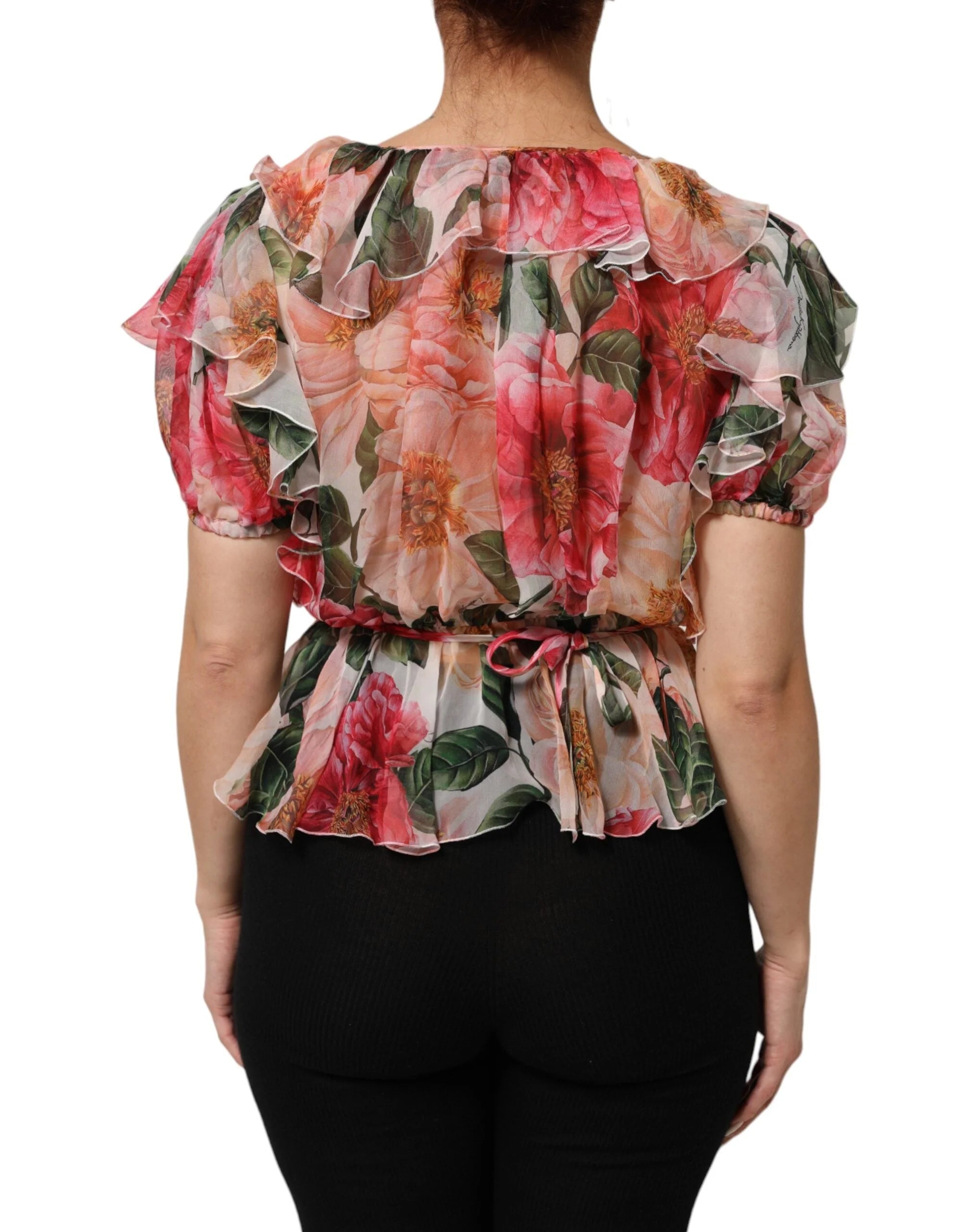 Dolce & Gabbana Pink Camellias Printed Silk V-neck Blouse Top - Blouses