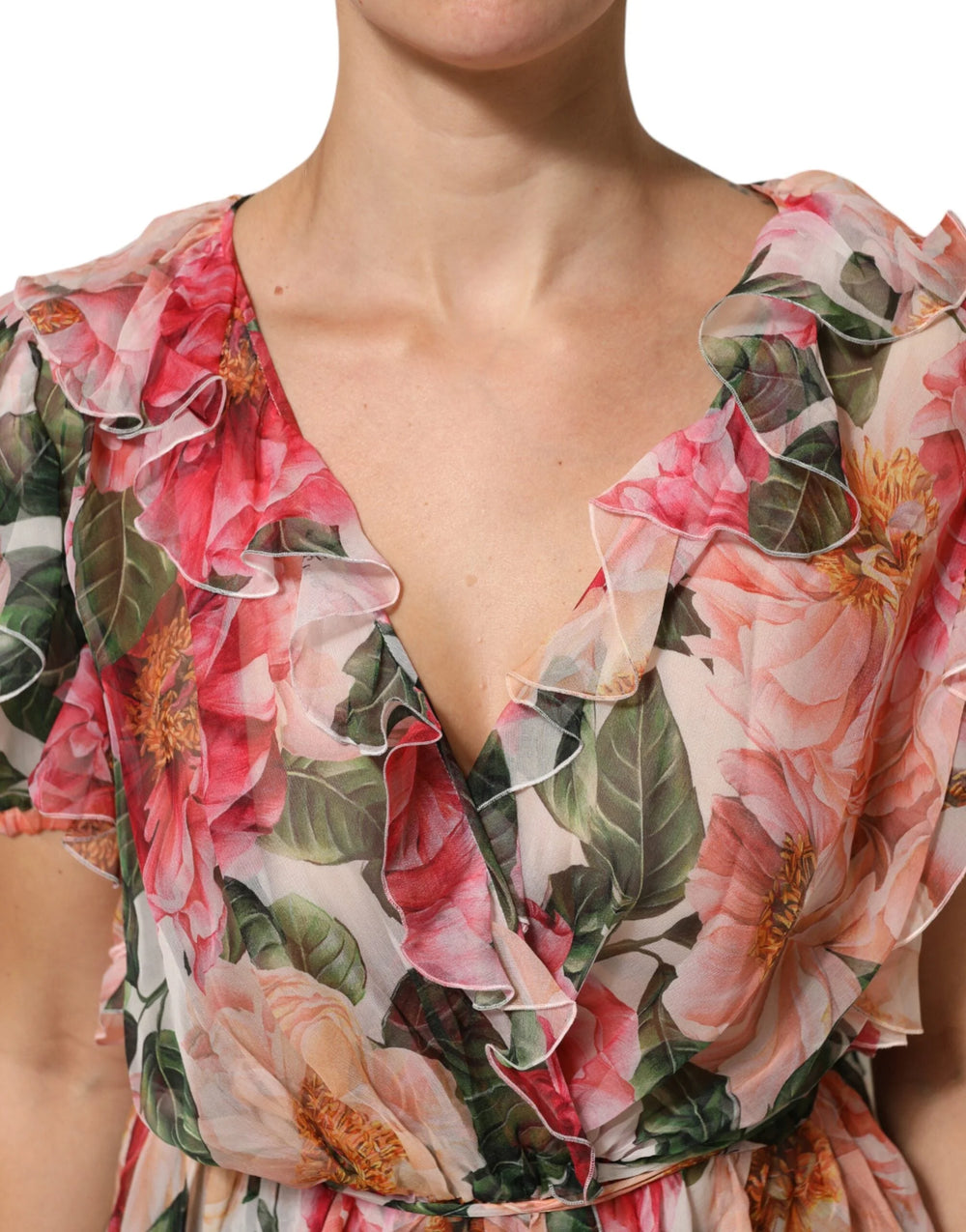 Dolce & Gabbana Pink Camellias Printed Silk V-neck Blouse Top - Blouses