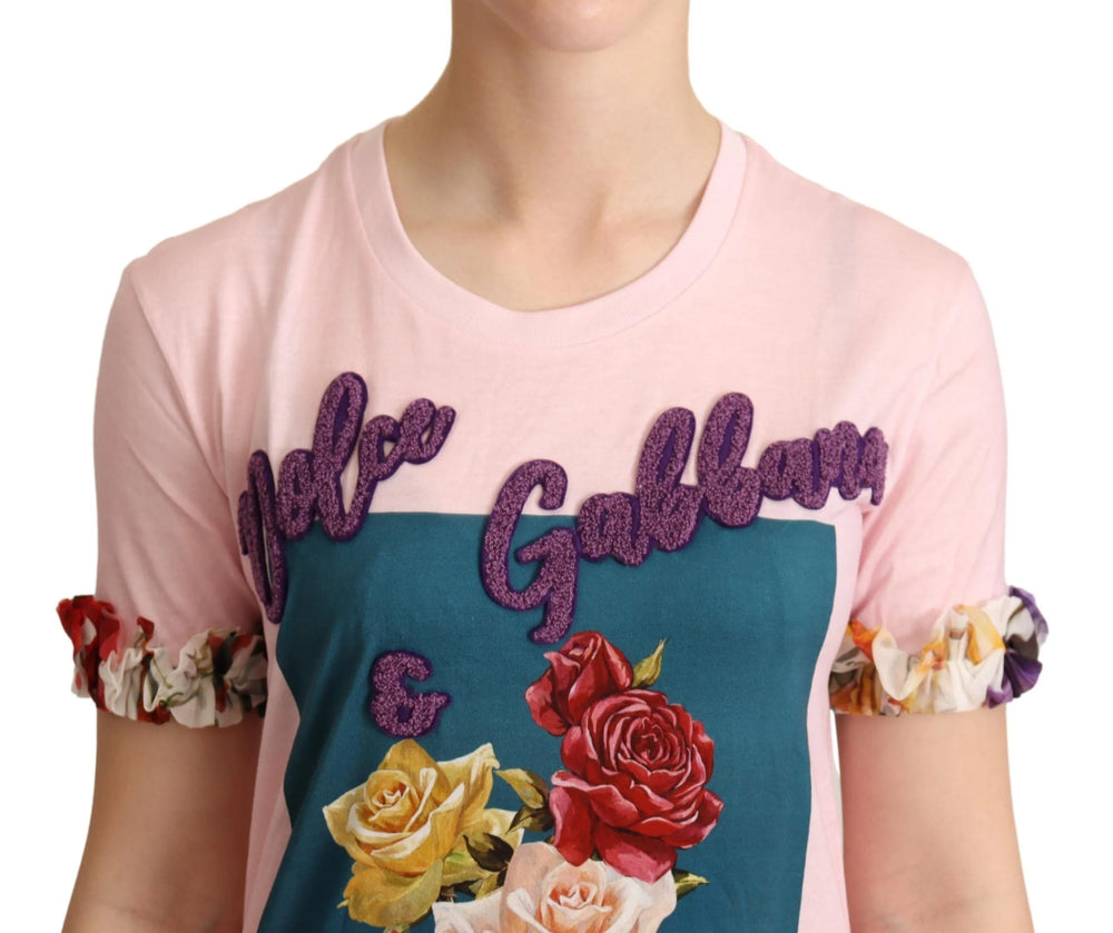 Dolce & Gabbana Pink Cotton Floral Roses Crewneck T-shirt - IT36 | XS - T-Shirts