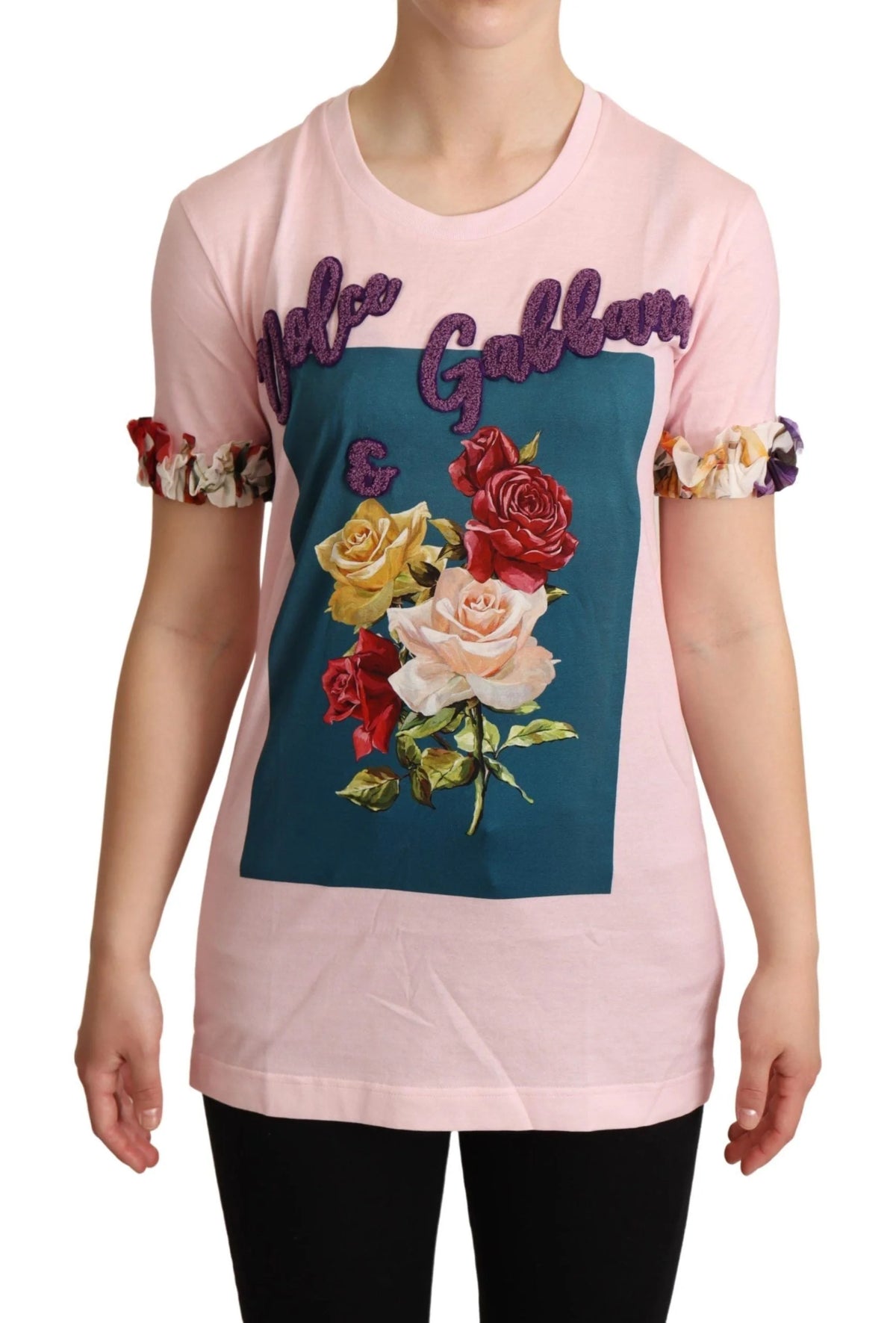 Dolce & Gabbana Pink Cotton Floral Roses Crewneck T-shirt - IT36 | XS - T-Shirts