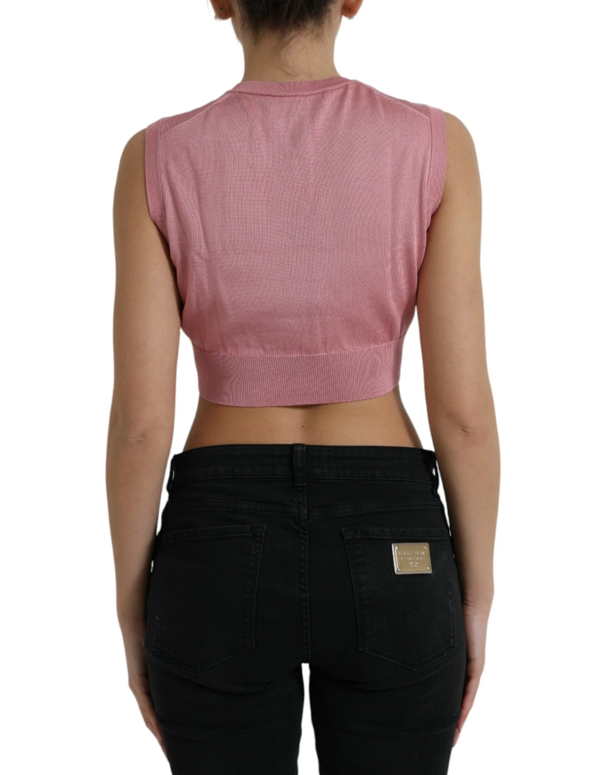 Dolce & Gabbana Pink Crew Neck Cropped Sleeveless Tank Top - Tank Tops