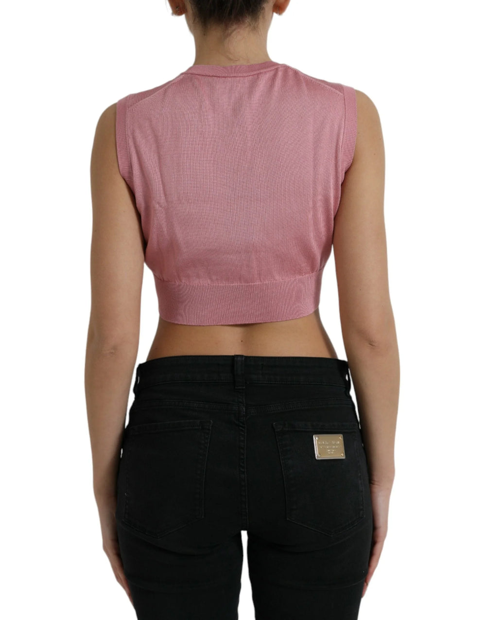 Dolce & Gabbana Pink Crew Neck Cropped Sleeveless Tank Top - Tank Tops