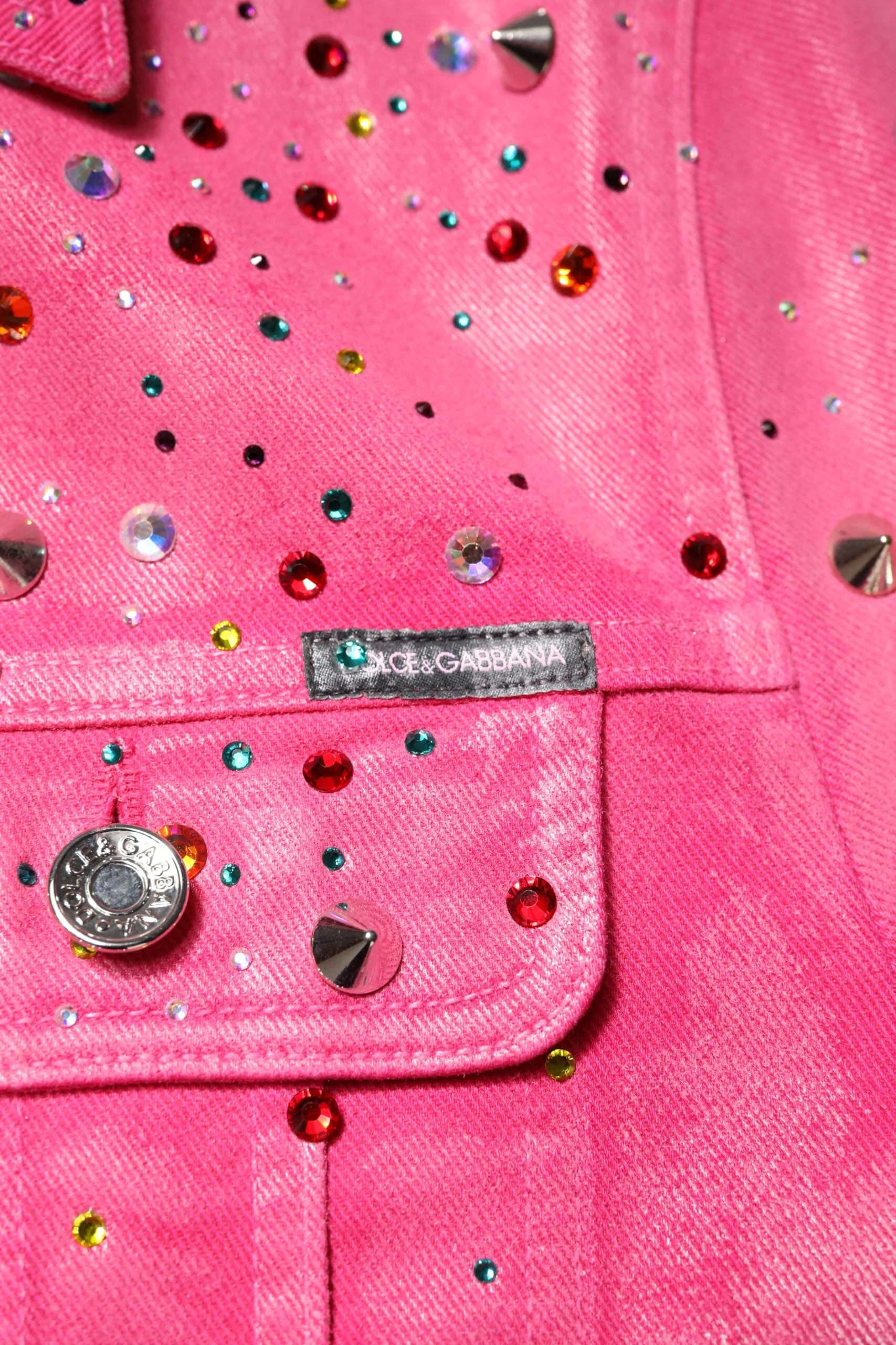 Dolce & Gabbana Pink Crystal Embellished Cotton Denim Jacket - IT46 | S - Trucker Jackets