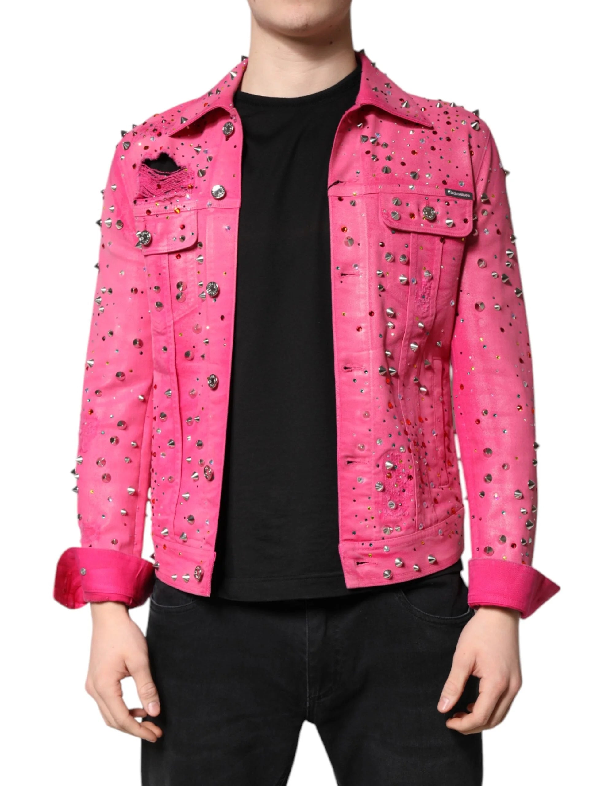 Dolce & Gabbana Pink Crystal Embellished Cotton Denim Jacket - IT46 | S - Trucker Jackets