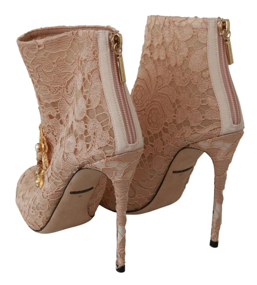 Dolce & Gabbana Pink Crystal Lace Booties Stilettos Shoes - EU36/US5.5