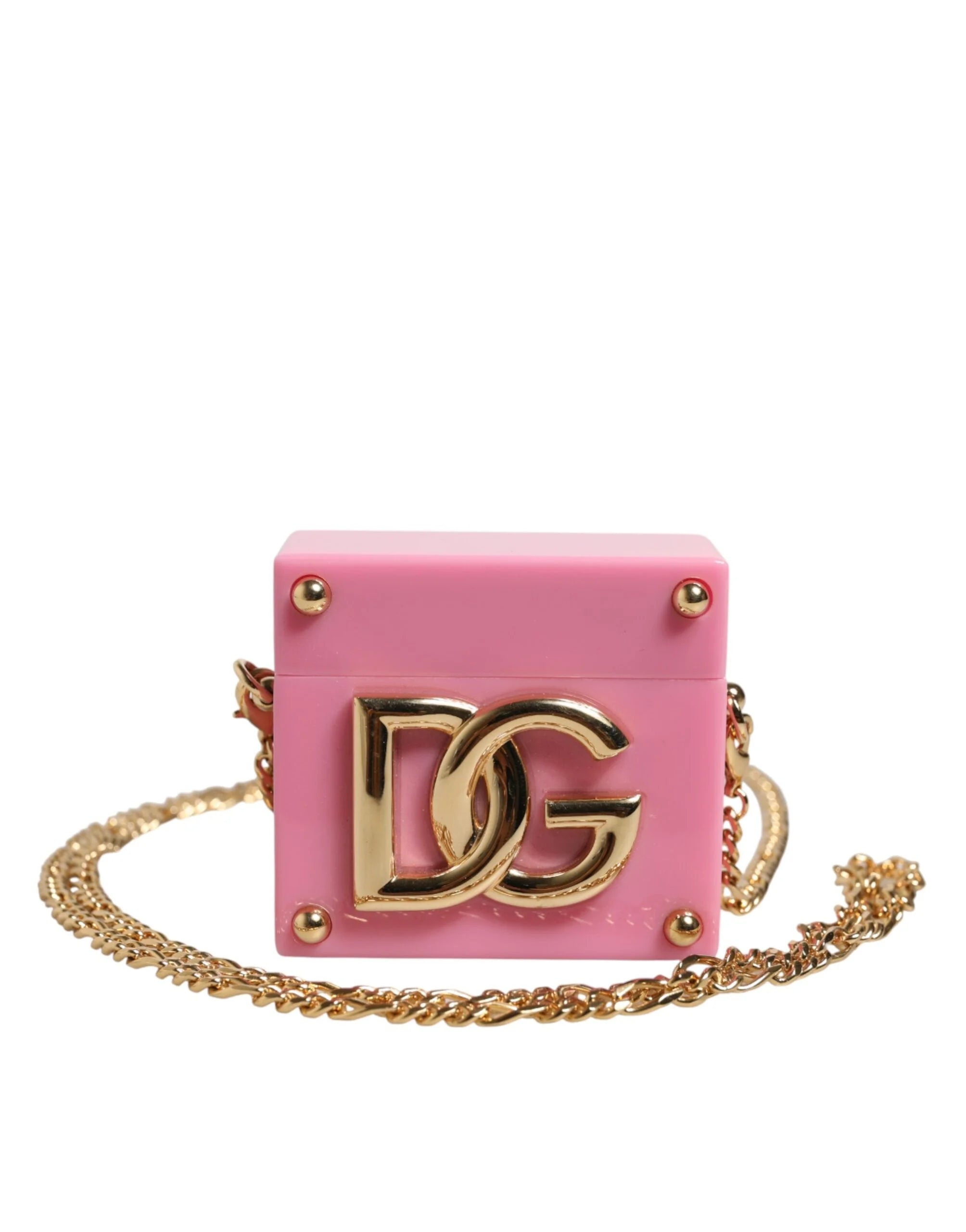 Dolce & Gabbana Pink DG Logo Plaque Cover Gold Chain Airpods Case