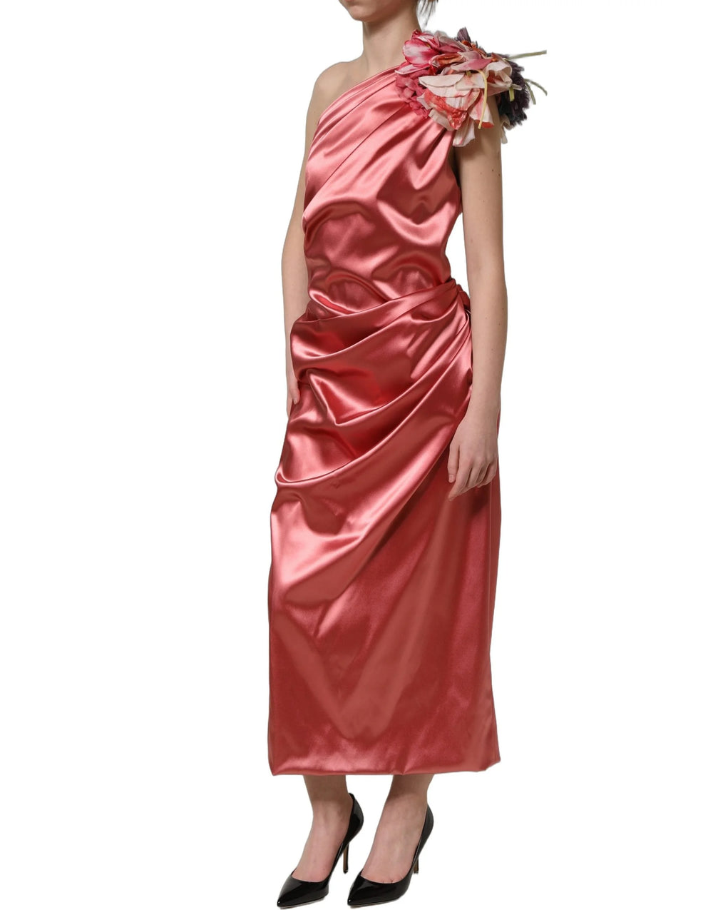 Dolce & Gabbana Pink Draped Midi Flower Appliques Dress - IT50|3XL