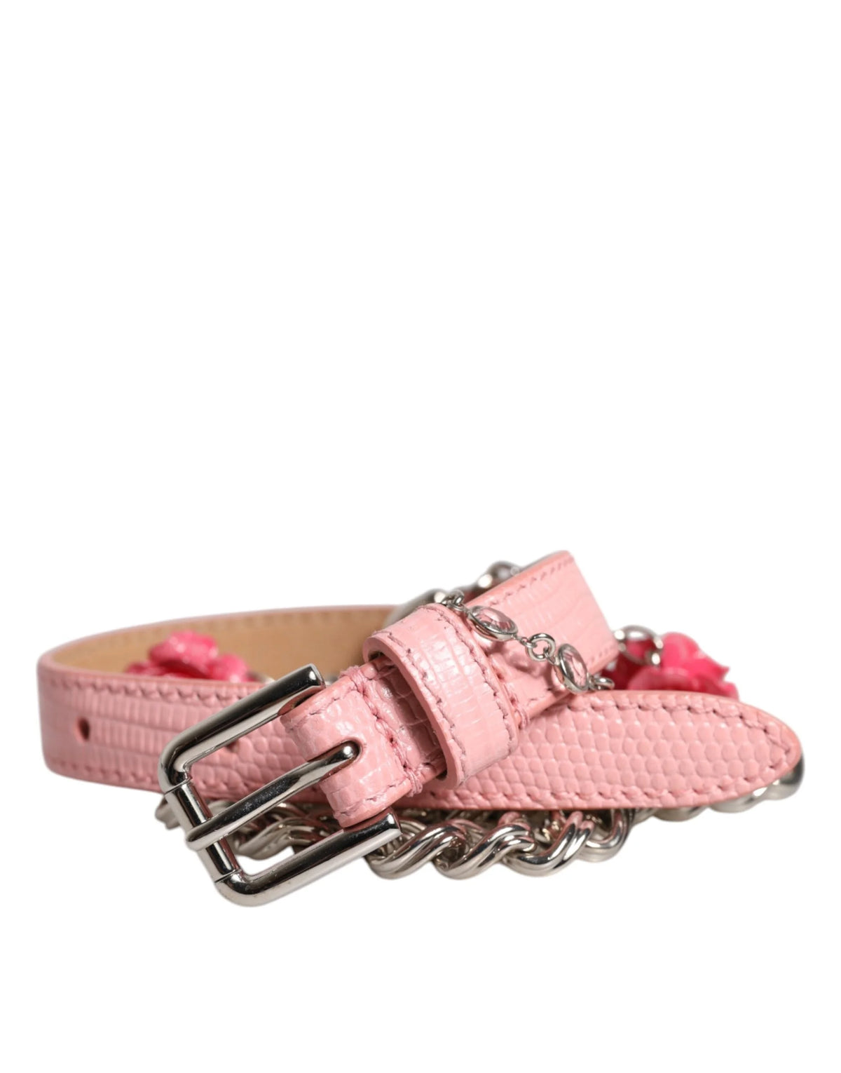 Dolce & Gabbana pink textured leather belt for women featuring ornate brass rose embellishments and a gold-tone buckle.