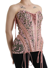 Dolce & Gabbana Pink Floral Applique Bustier Corset Top - IT38 | XS - Tank Tops