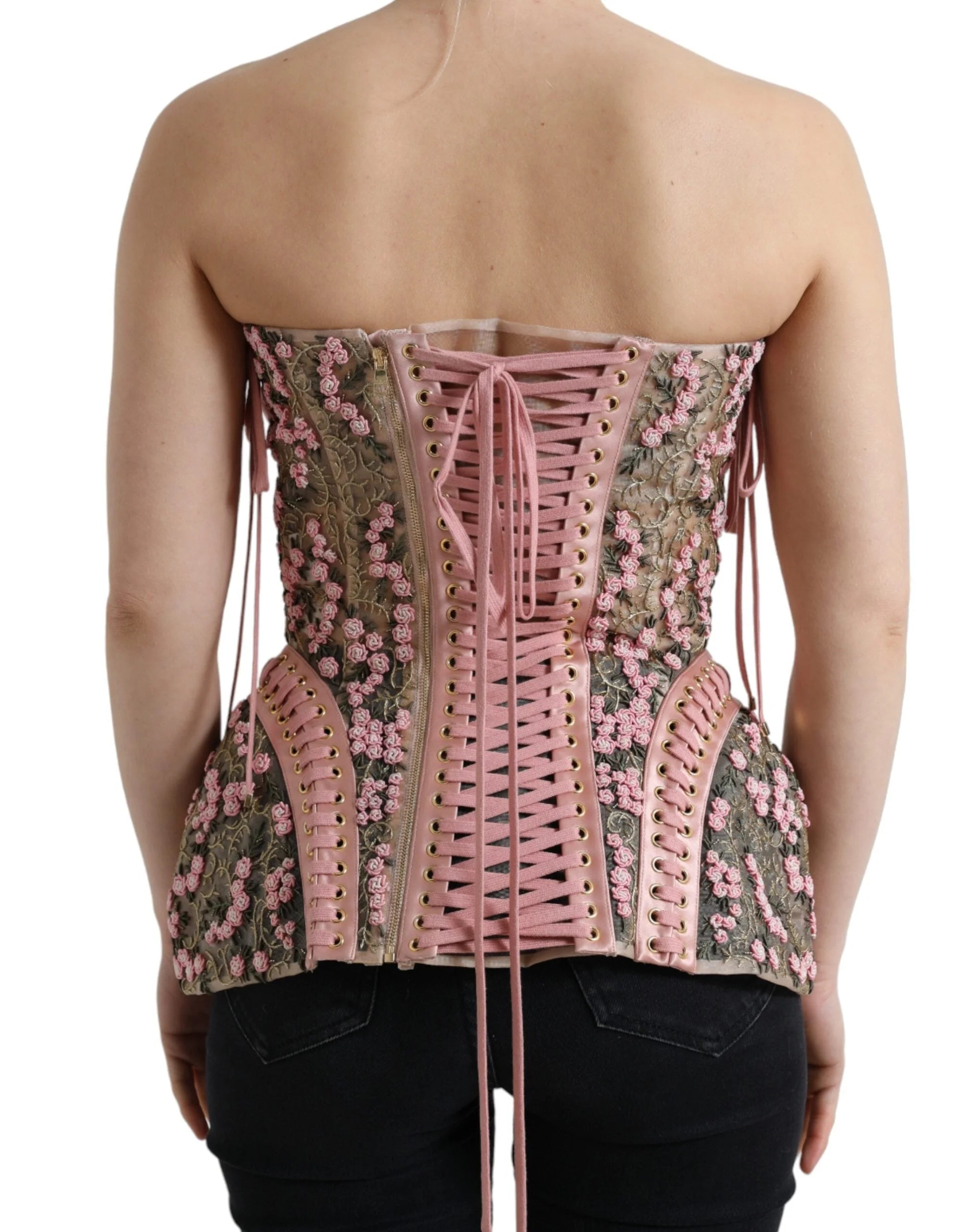 Dolce & Gabbana Pink Floral Applique Bustier Corset Top - IT38 | XS - Tank Tops