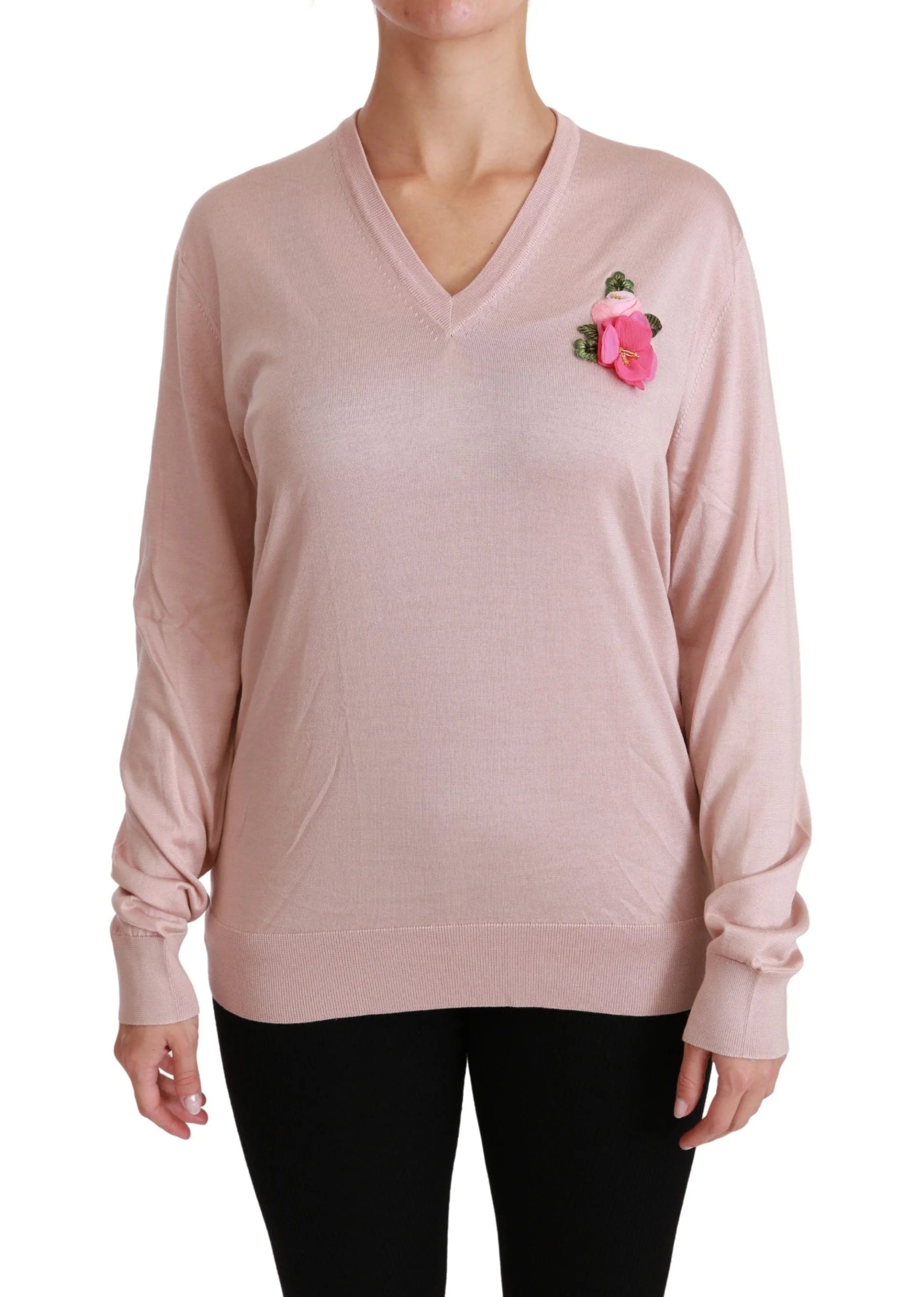 Dolce & Gabbana Pink Floral Embellished Pullover Silk Sweater - Sweaters