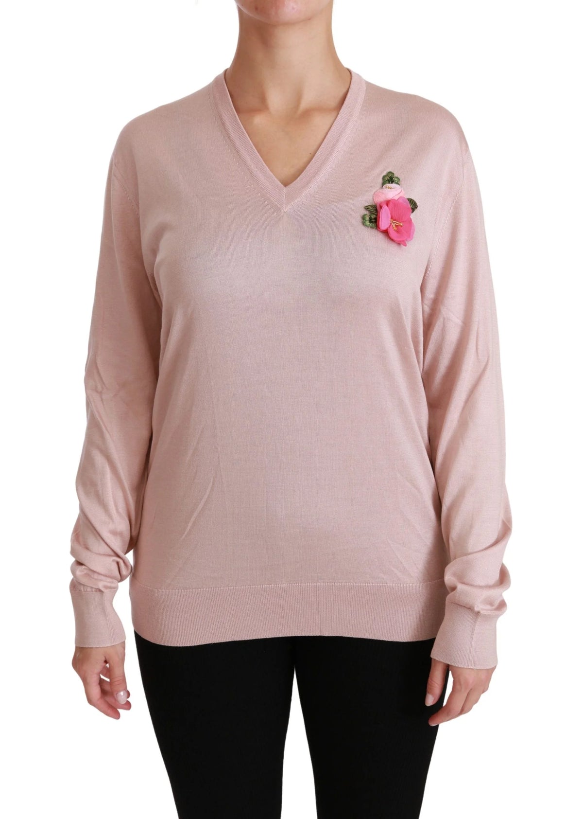 Dolce & Gabbana Pink Floral Embellished Pullover Silk Sweater - Sweaters