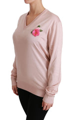 Dolce & Gabbana Pink Floral Embellished Pullover Silk Sweater - Sweaters