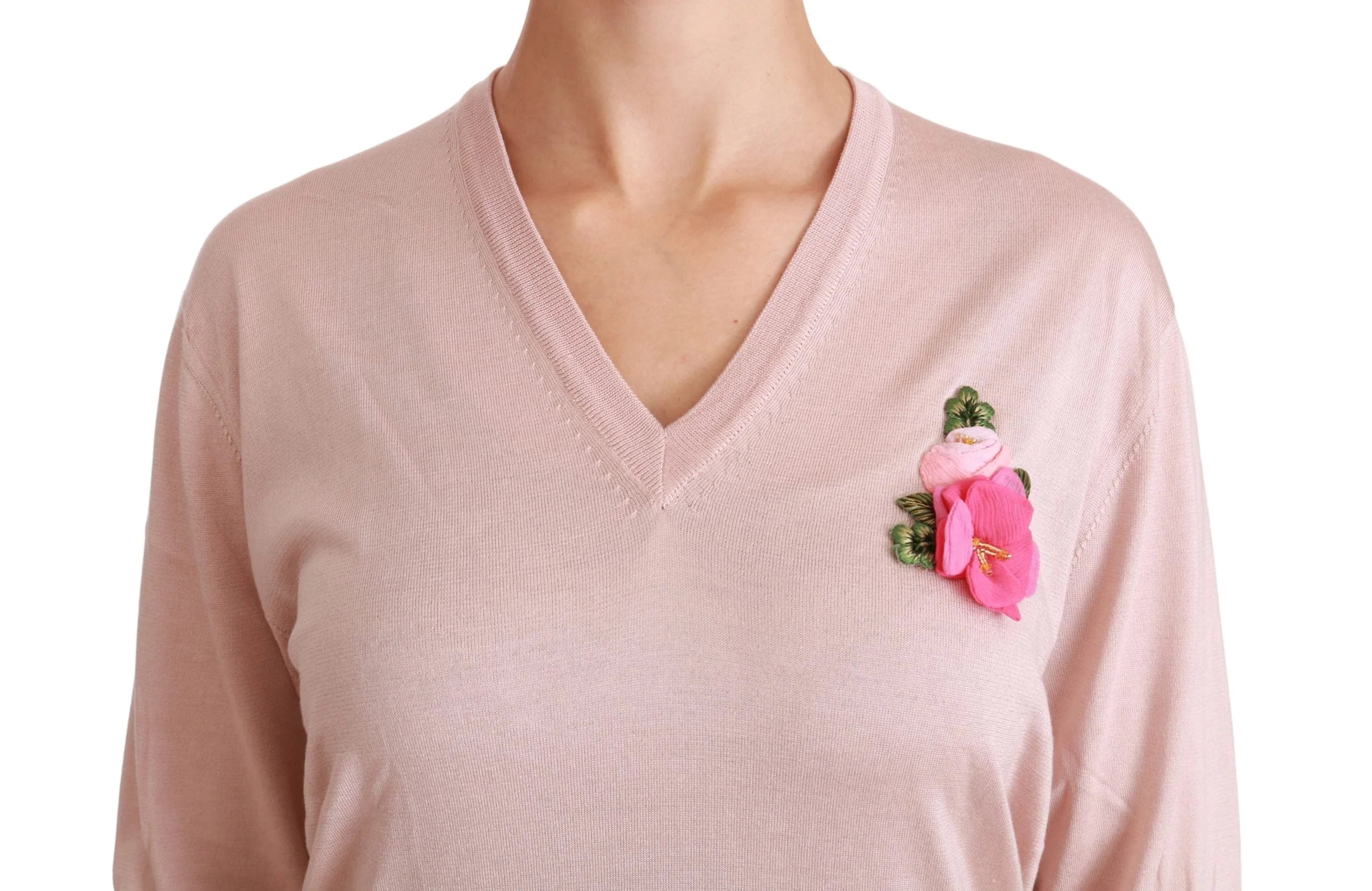 Dolce & Gabbana Pink Floral Embellished Pullover Silk Sweater - Sweaters