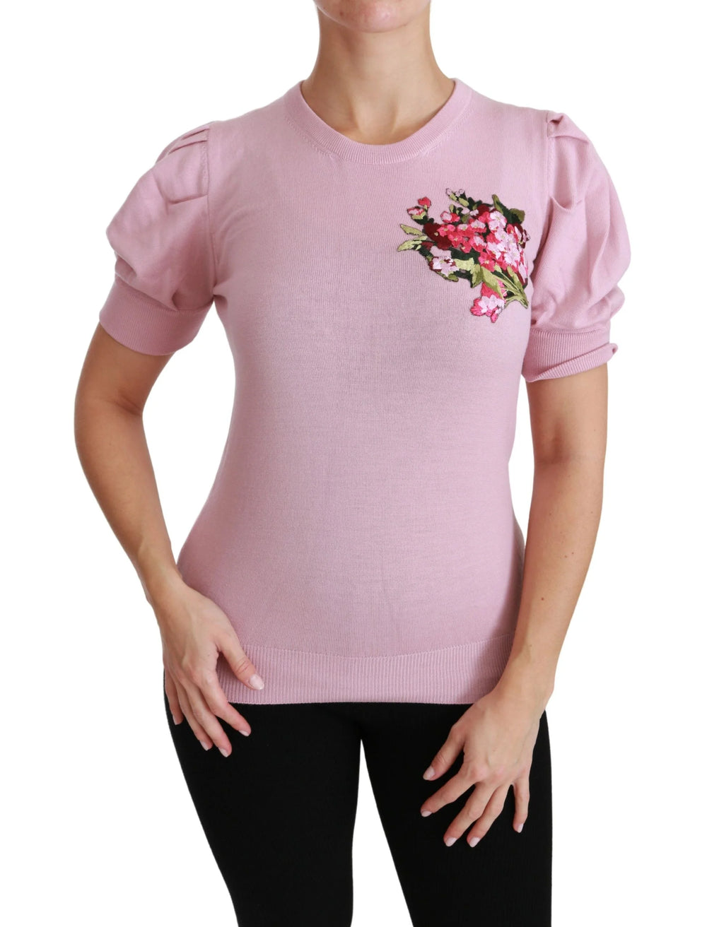 Dolce & Gabbana Pink Floral Embroidered Blouse Wool Top - IT46|XL - Blouses