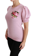 Dolce & Gabbana Pink Floral Embroidered Blouse Wool Top - IT46|XL - Blouses