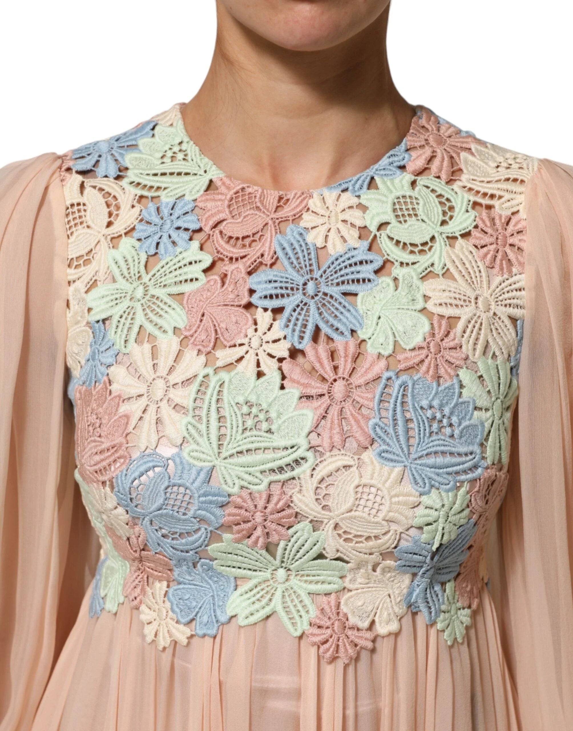 Dolce & Gabbana Pink Floral Embroidery Pleated A-line Dress - IT40|S - Dresses