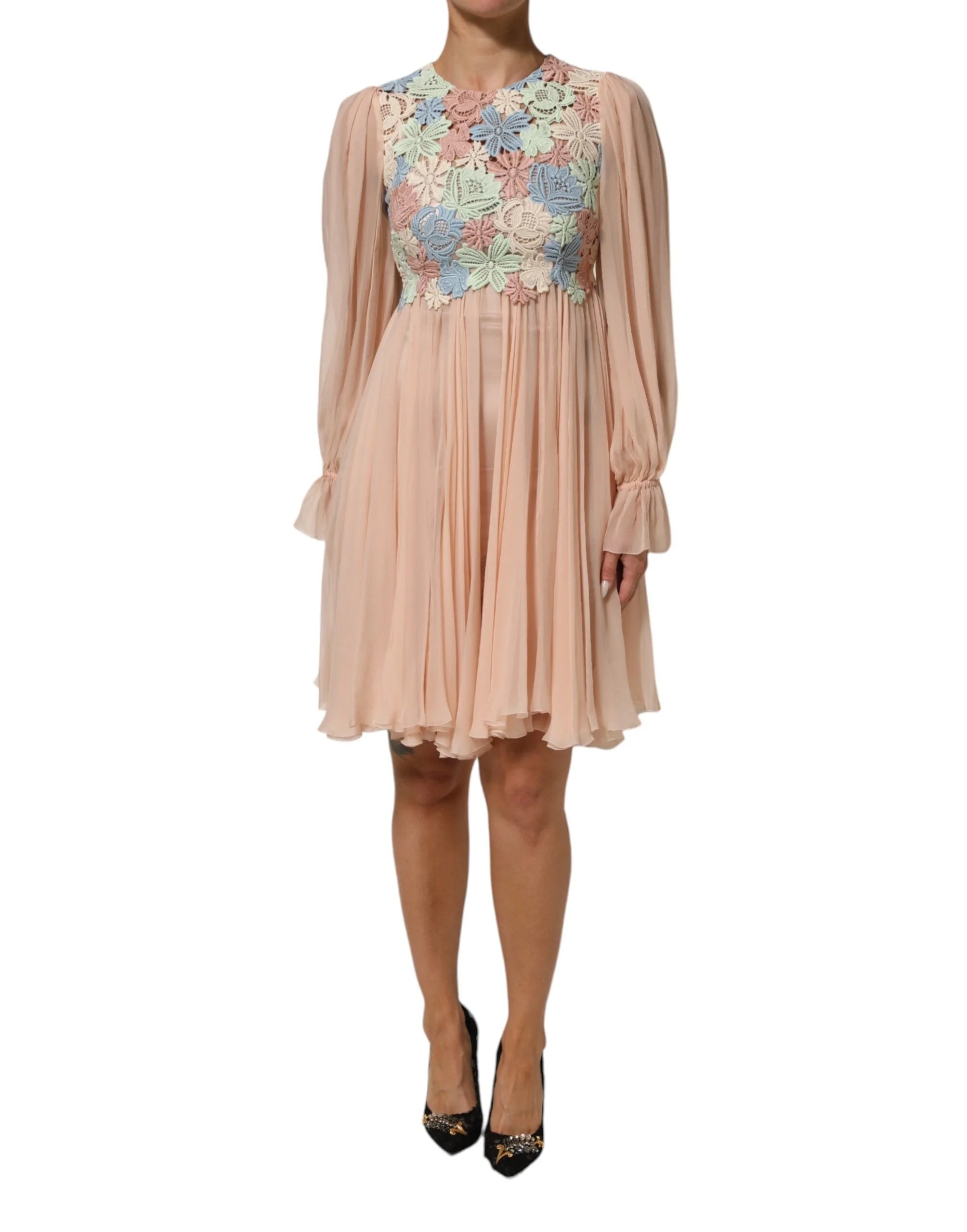 Dolce & Gabbana Pink Floral Embroidery Pleated A-line Dress - IT40|S - Dresses