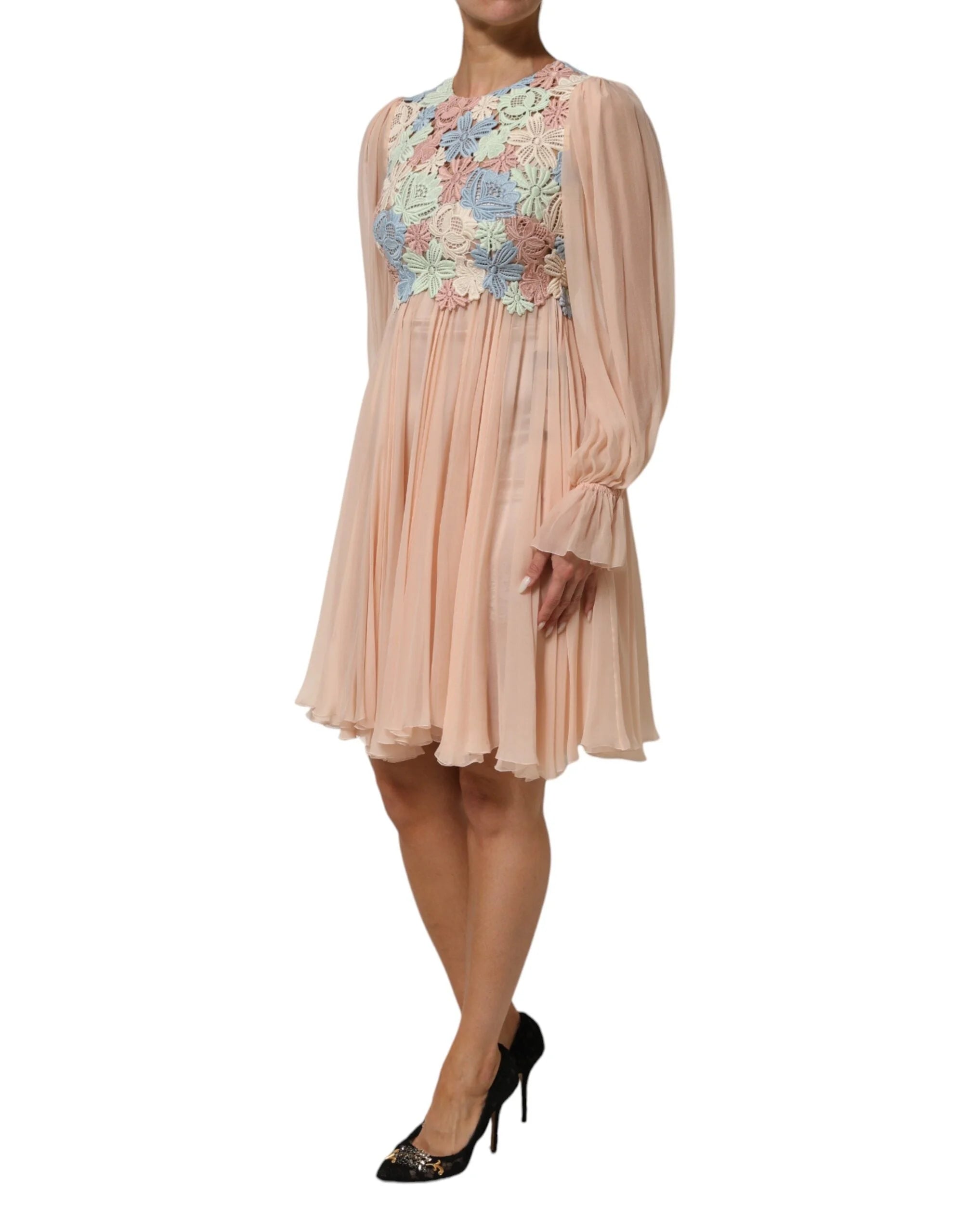 Dolce & Gabbana Pink Floral Embroidery Pleated A-line Dress - IT40|S - Dresses