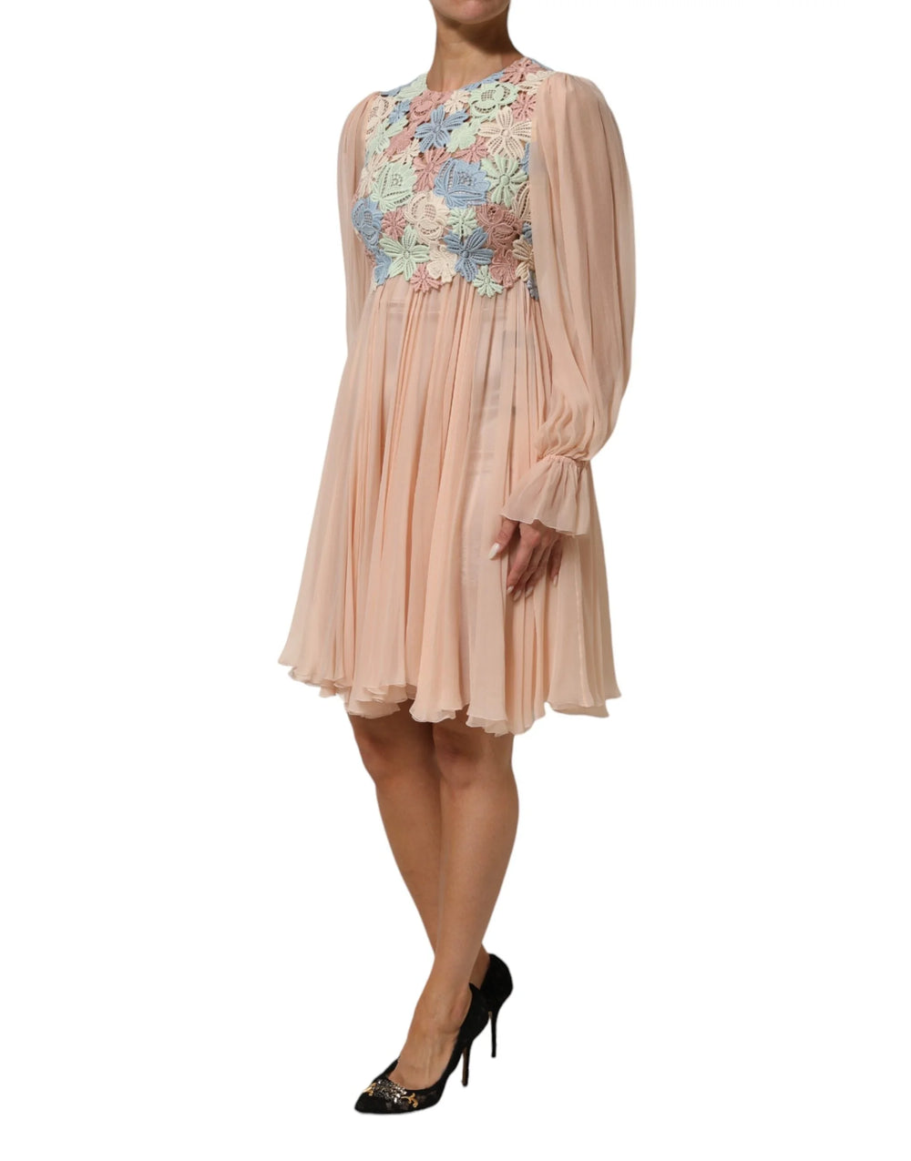 Dolce & Gabbana Pink Floral Embroidery Pleated A-line Dress - IT40|S - Dresses