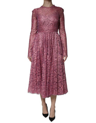 Dolce & Gabbana Pink Floral Lace Long Sleeve Midi Dress - IT36|XXS - Dresses