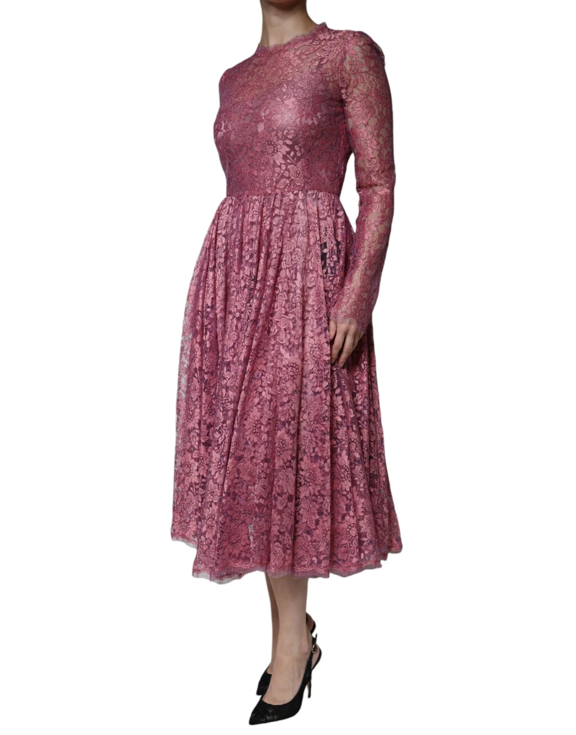 Dolce & Gabbana Pink Floral Lace Long Sleeve Midi Dress - IT36|XXS - Dresses