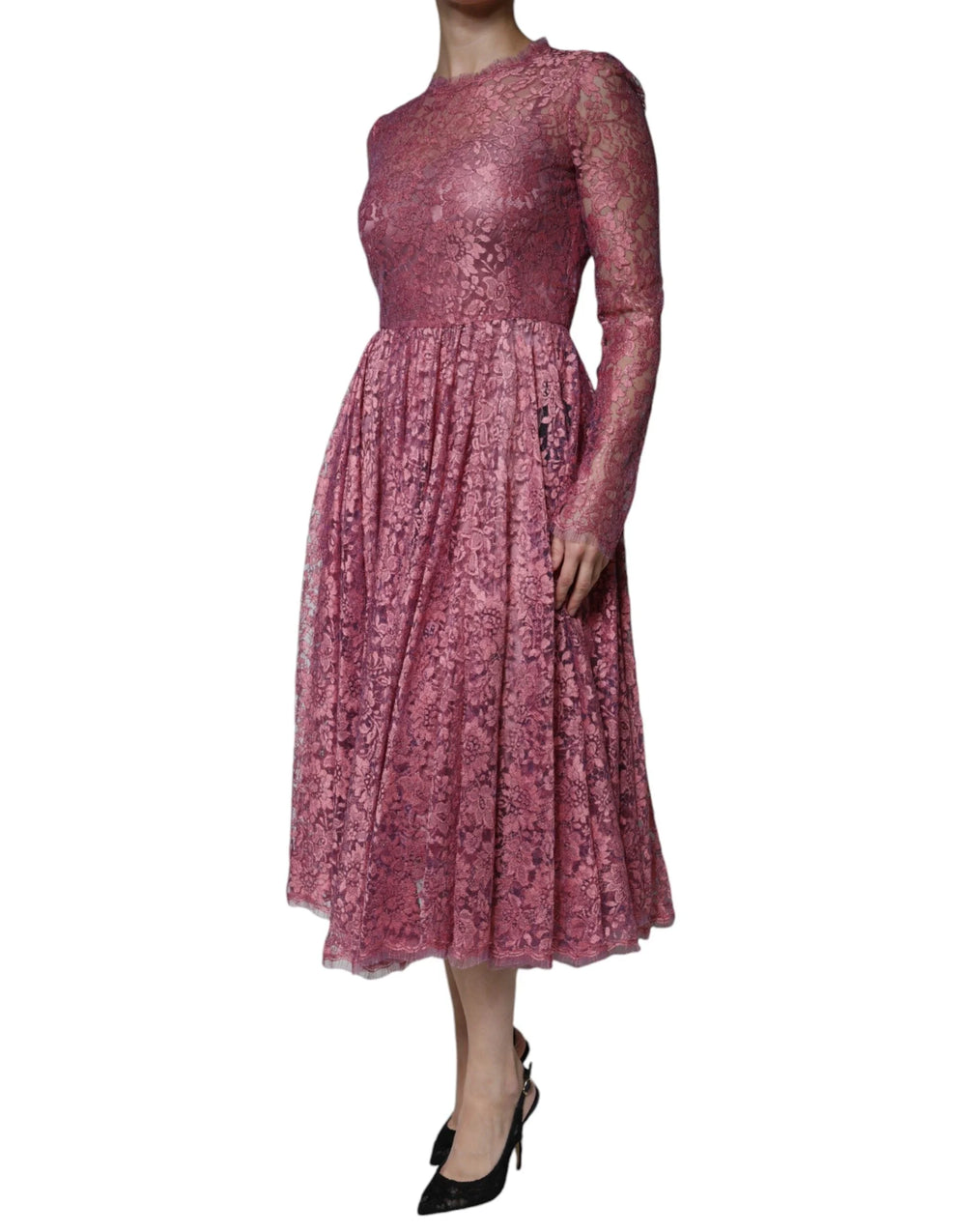 Dolce & Gabbana Pink Floral Lace Long Sleeve Midi Dress - IT36|XXS - Dresses